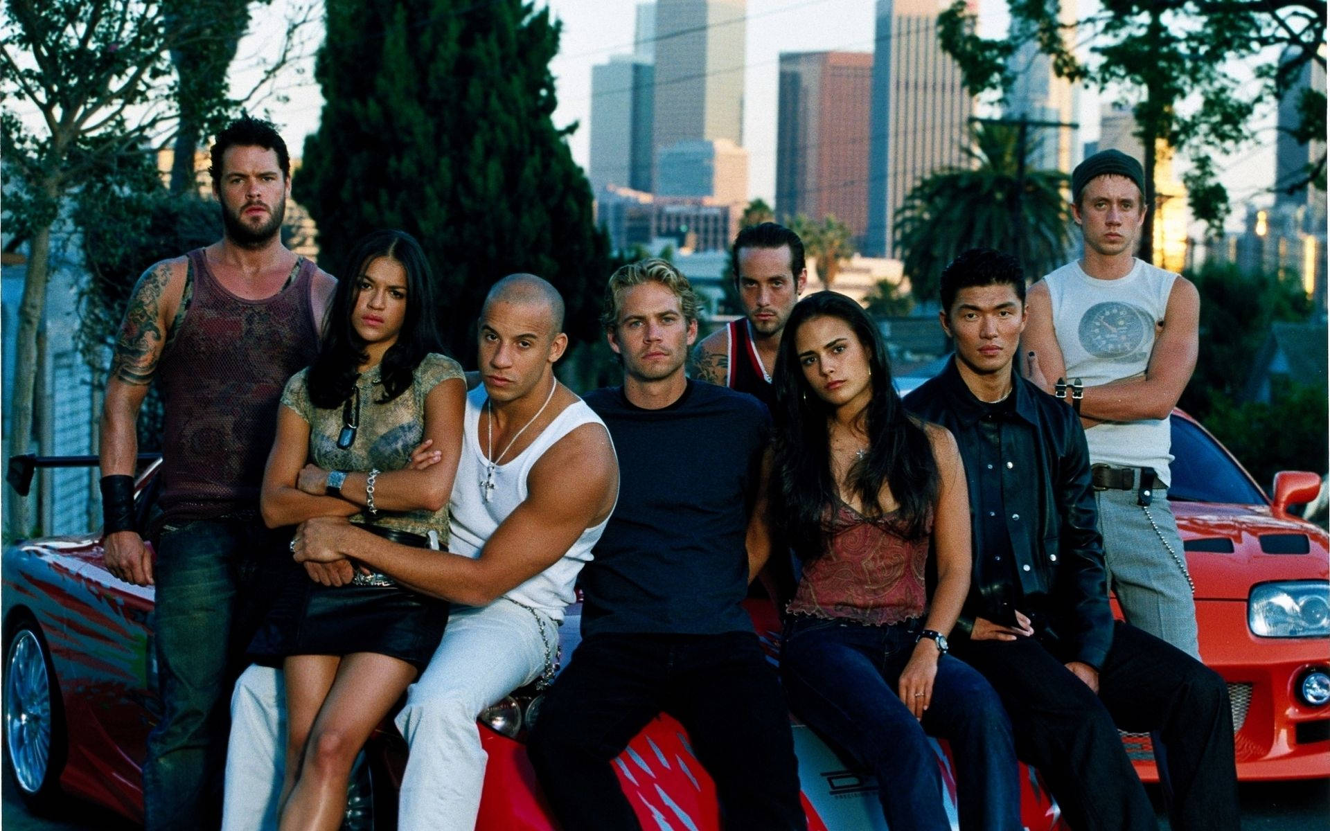 Fast and the Furious, red sports car, city skyline, Full HD Desktop Wallpaper