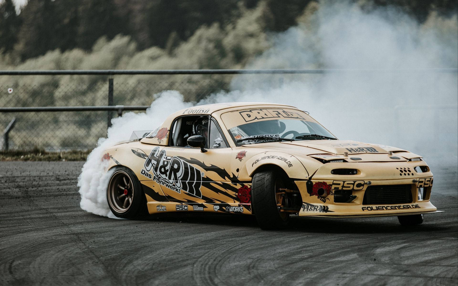 drifting yellow JDM cars, tan drift car, black flame decals, Full HD Desktop Wallpaper