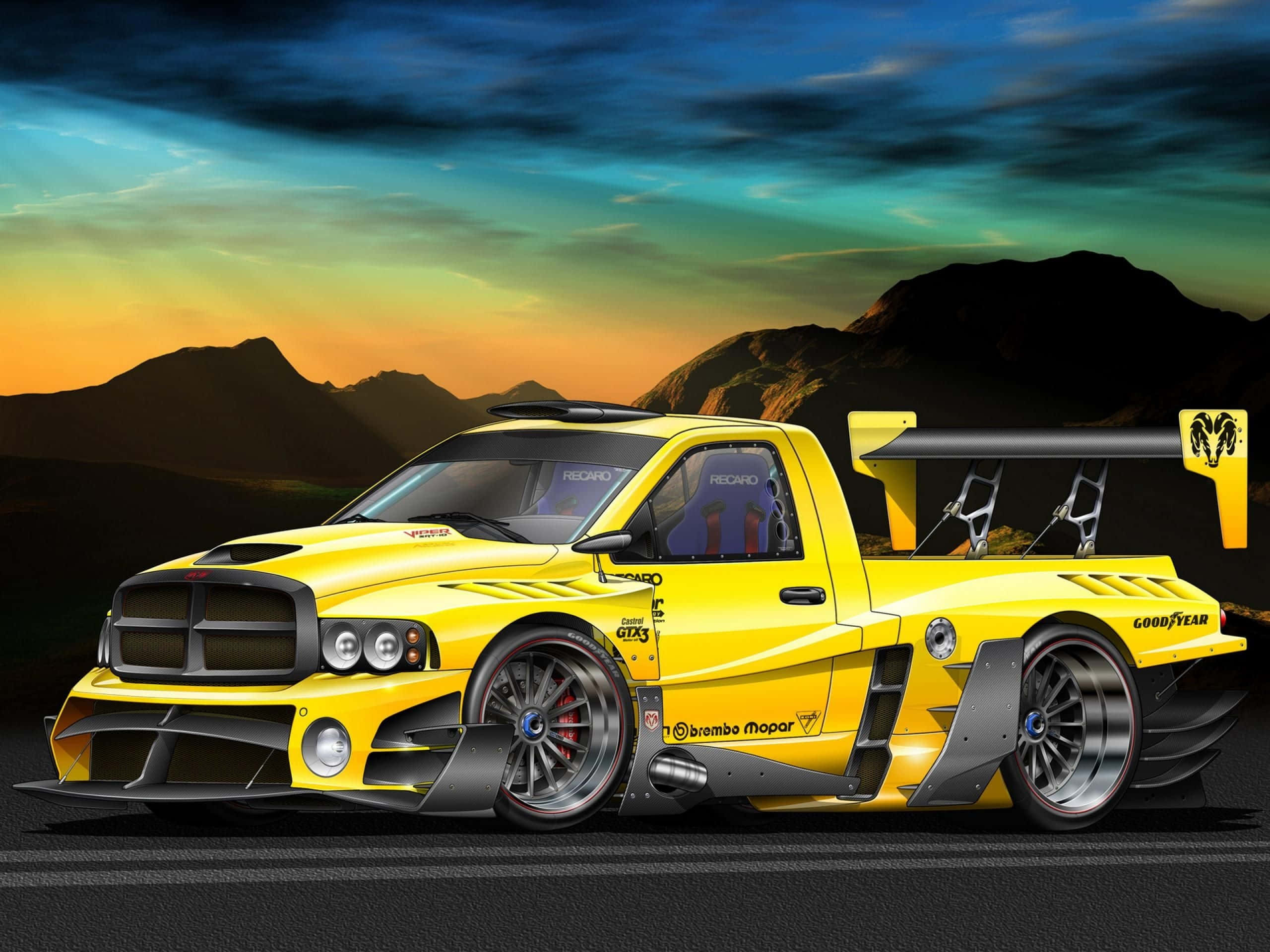 yellow truck, black aerodynamic parts, colorful sunset sky, 2K Desktop Wallpaper