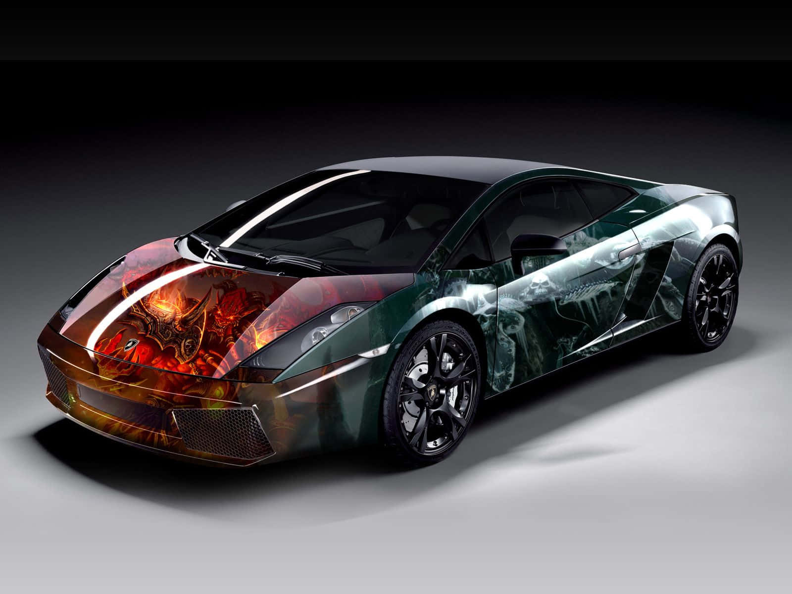 green sports car, fiery red demonic artwork, ghostly white designs, HD Desktop Wallpaper