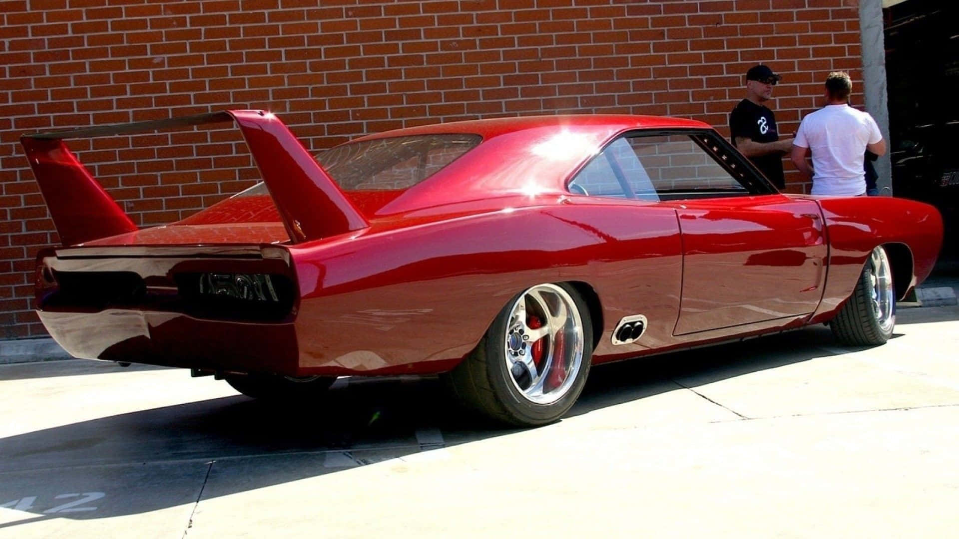 glossy red, classic muscle car, large rear wing, Full HD Desktop Wallpaper