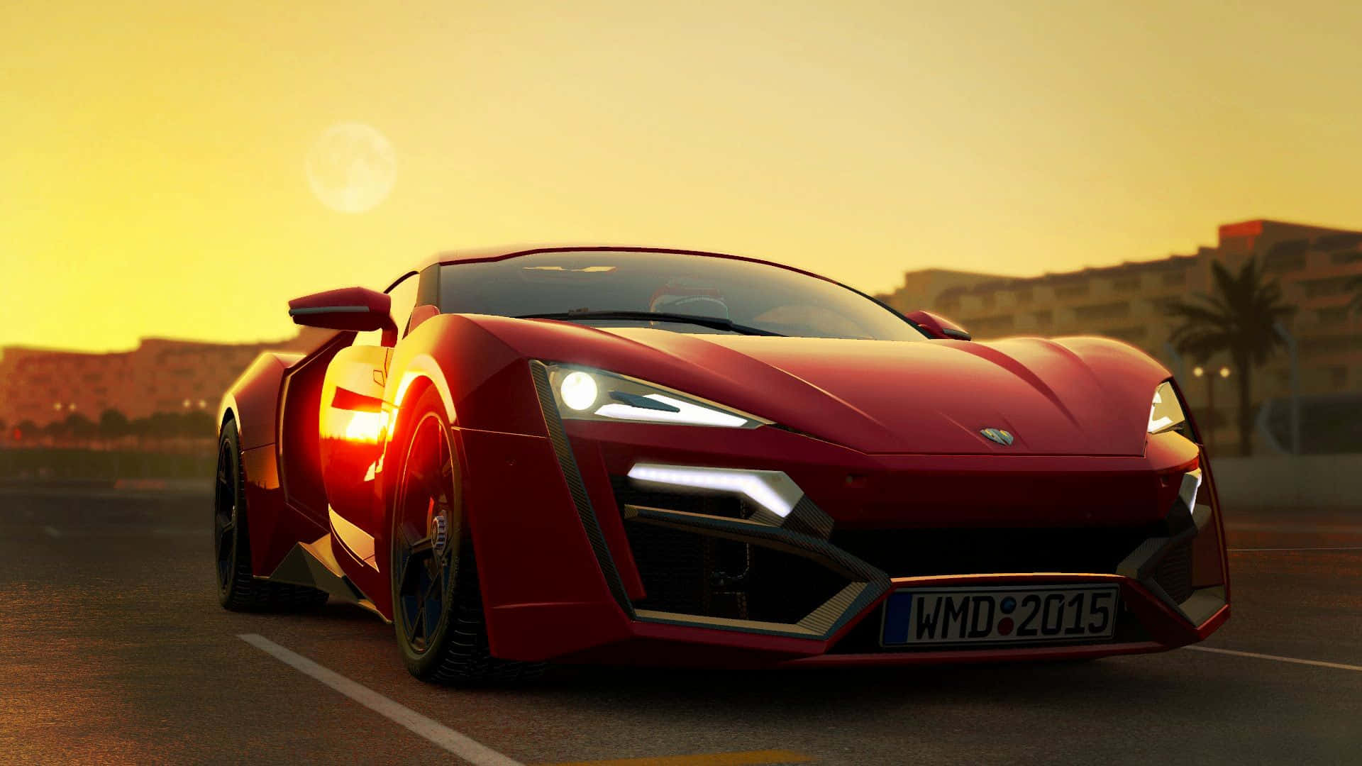 sleek red sports car, sunlit coastal road, golden sun sets, Full HD Desktop Wallpaper