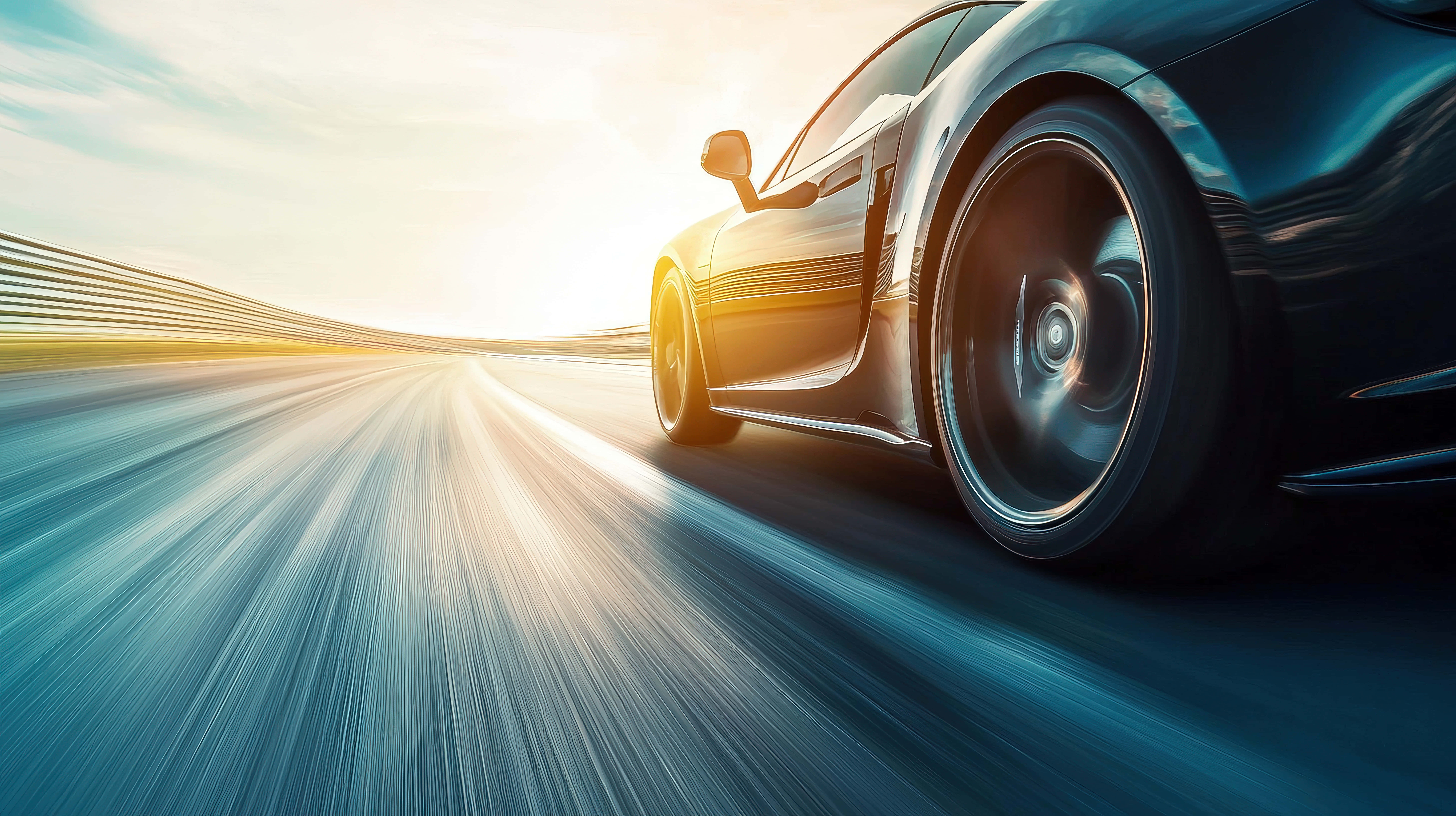 sleek black sports car, highway, sunset, 8K Desktop Wallpaper