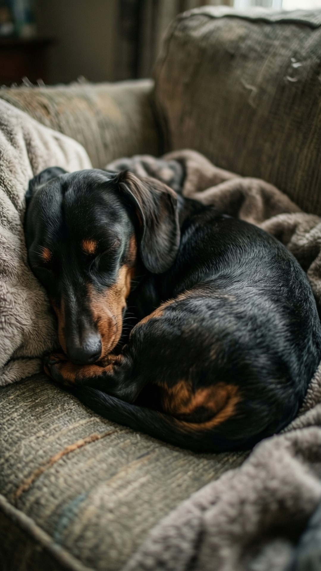 sleeping weiner dog, fat dachshund, sofa, Full HD Phone Wallpaper