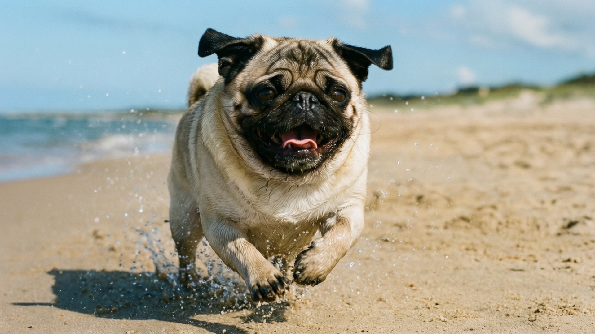pug, beach, jogging, Full HD Desktop Wallpaper