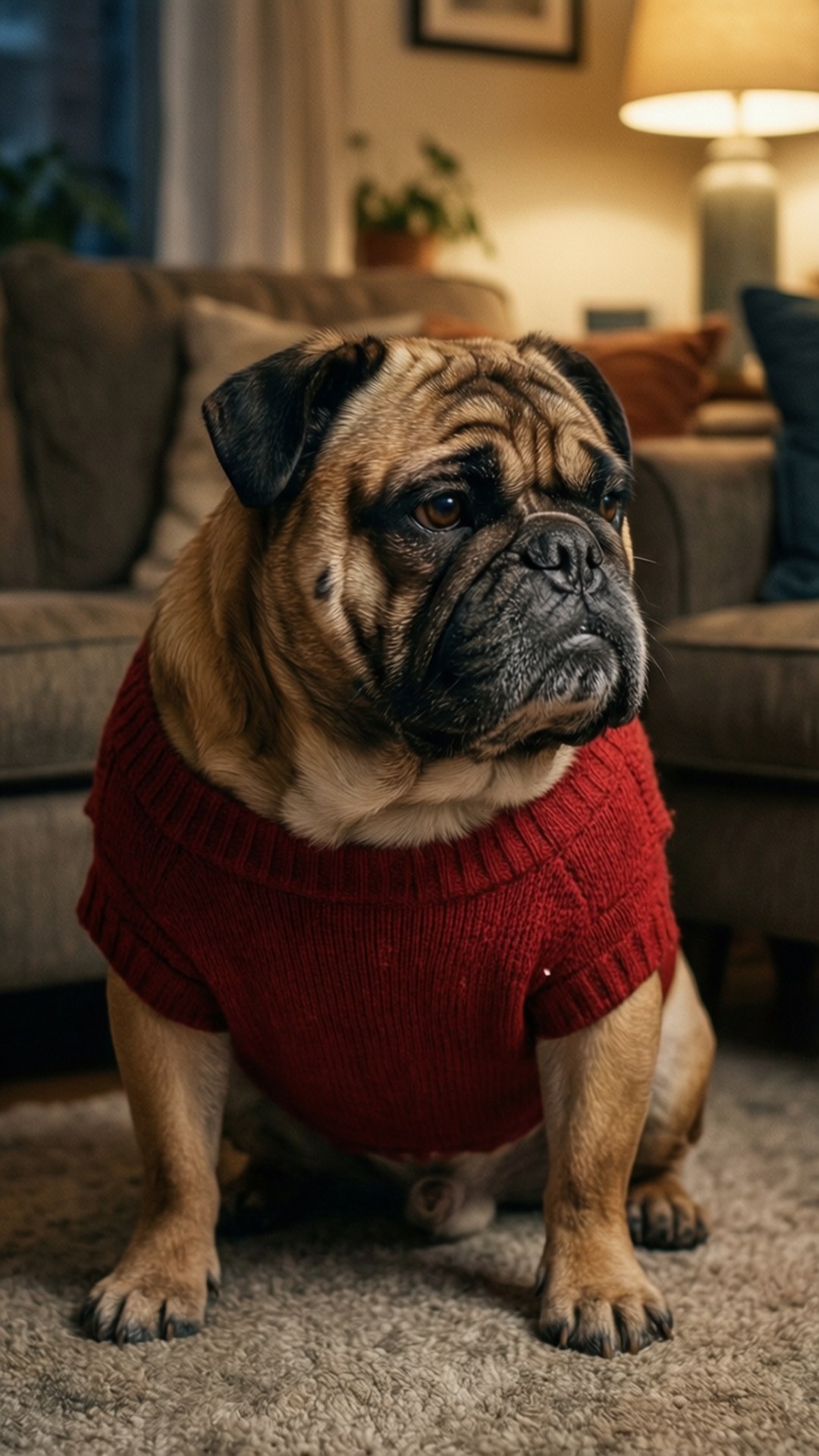 cozy chubby bulldog, sweater, indoors, Full HD Phone Wallpaper