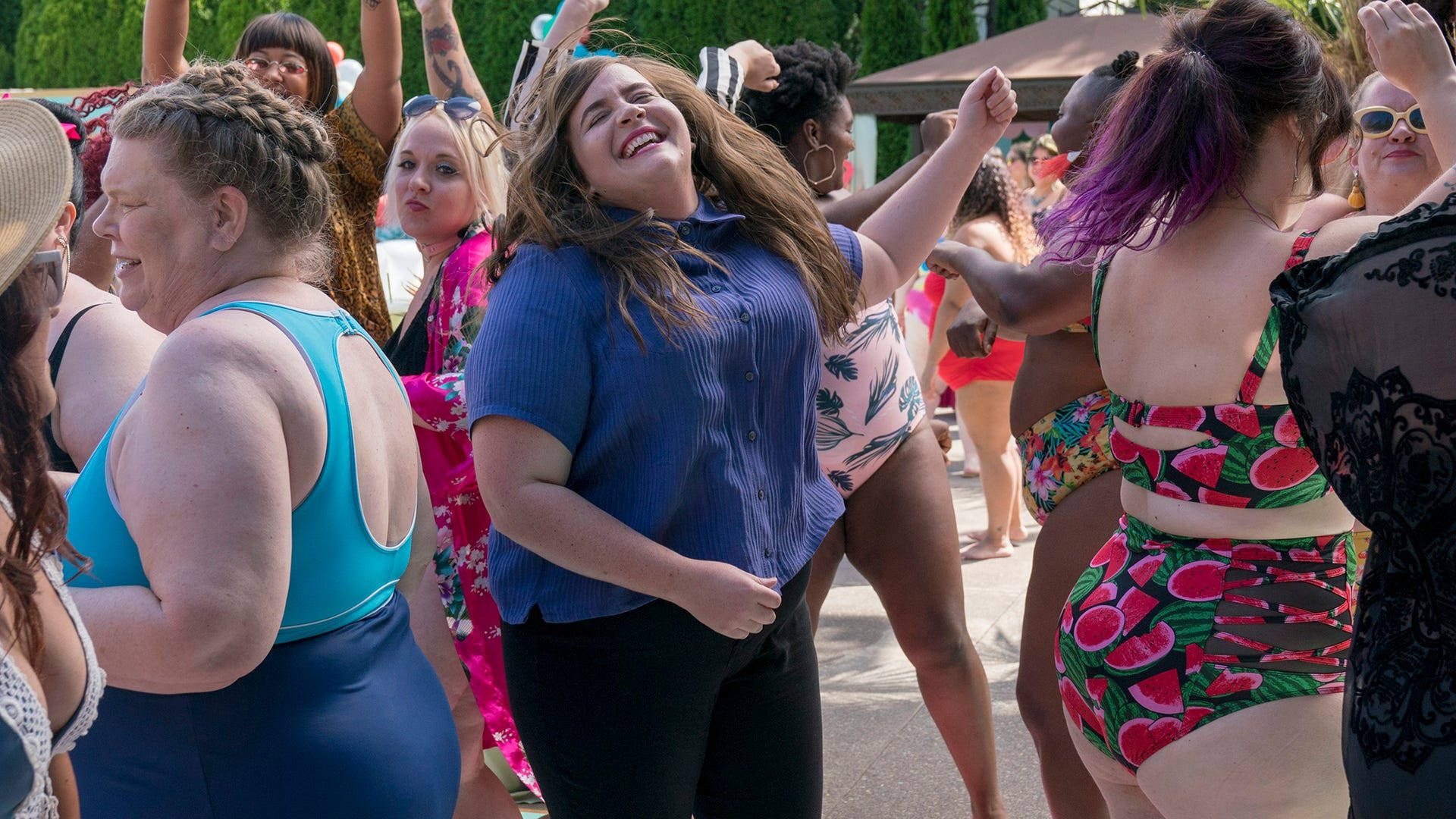 Fat Girl, dancing in the crowd, outdoor pool party, Full HD Desktop Wallpaper
