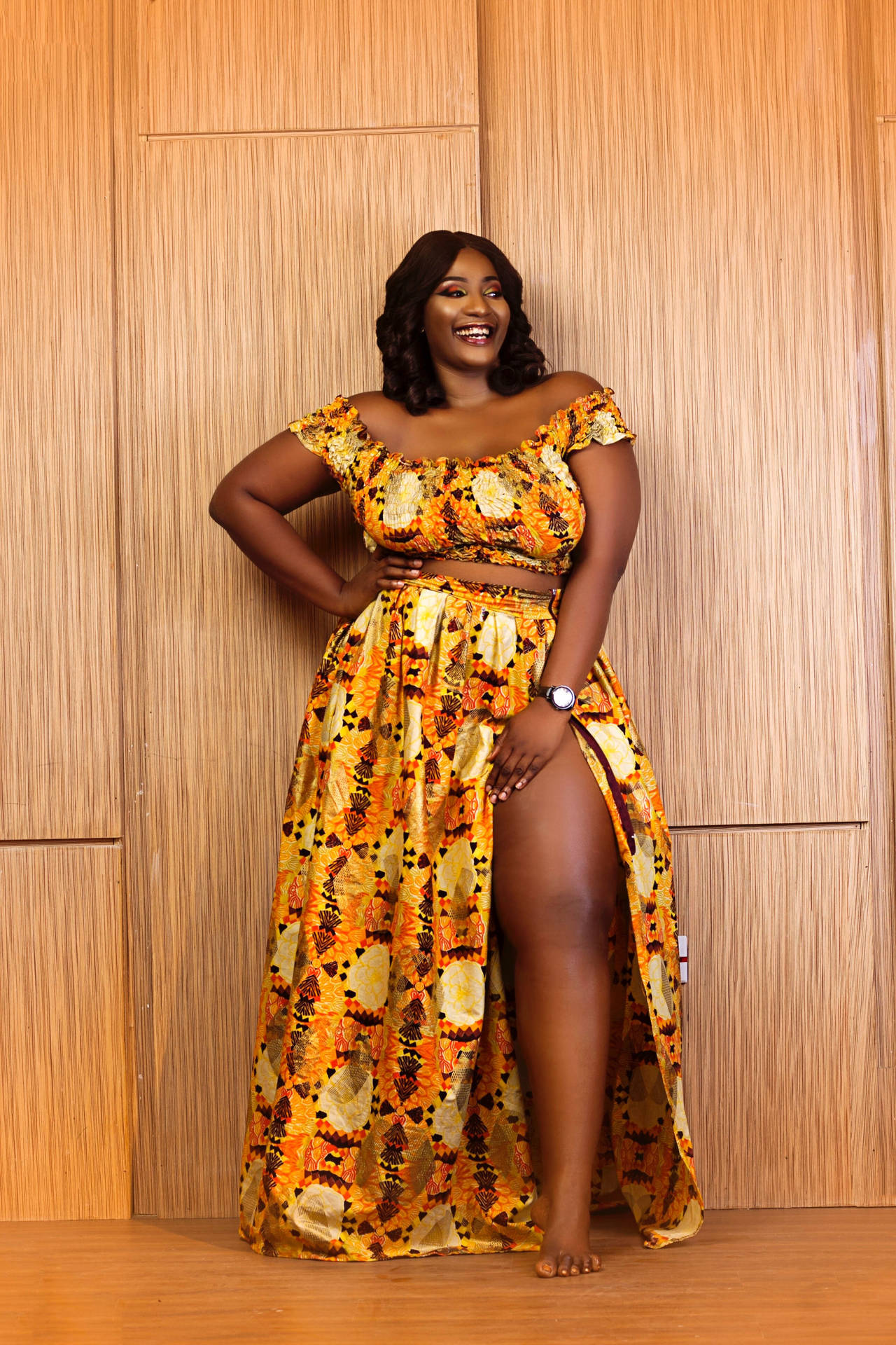 Fat Girl, African fashion trend dress, vibrant orange and gold patterned two-piece dress, Full HD Phone Wallpaper