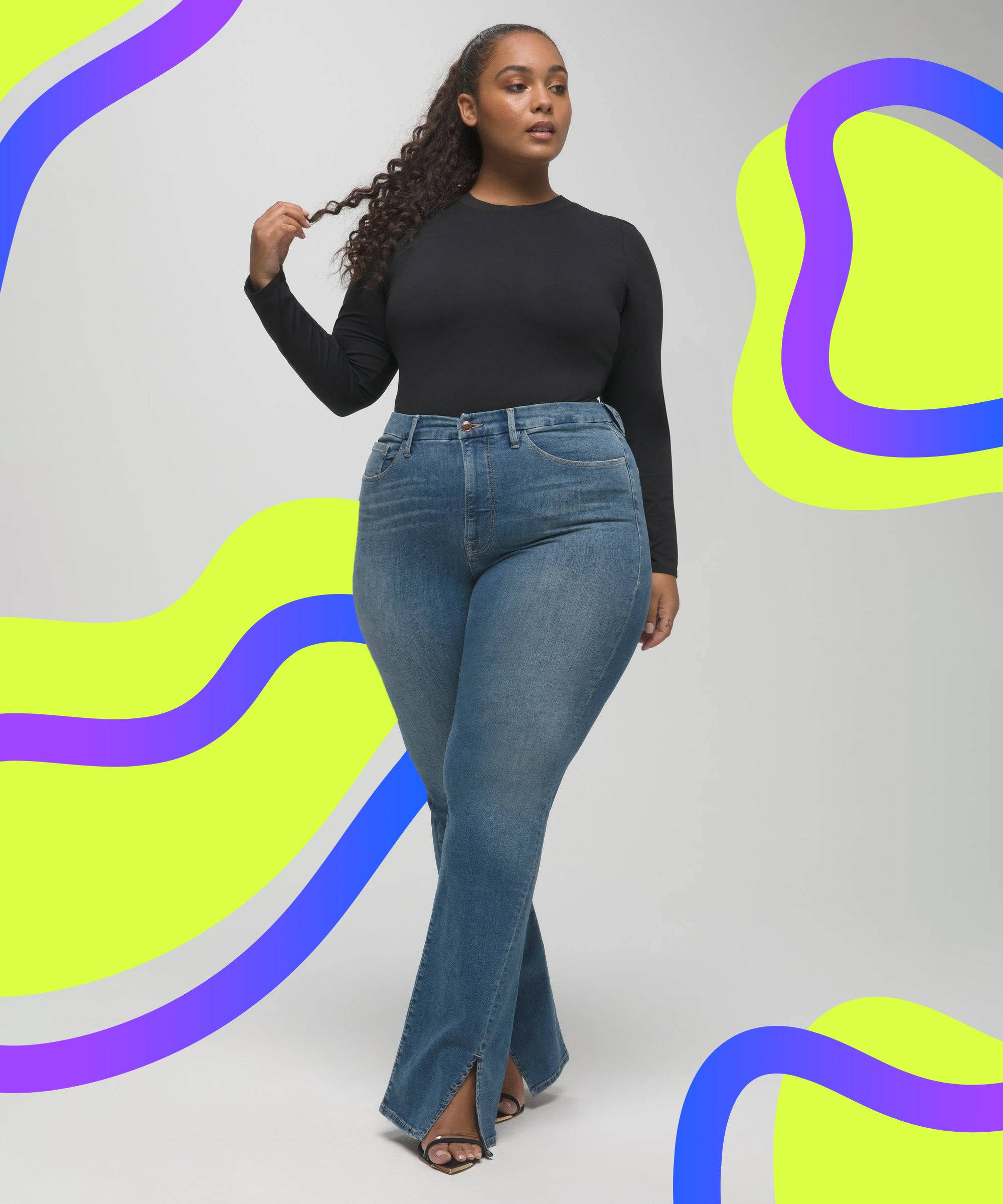 black top, flared jeans, neon yellow, Full HD Phone Wallpaper