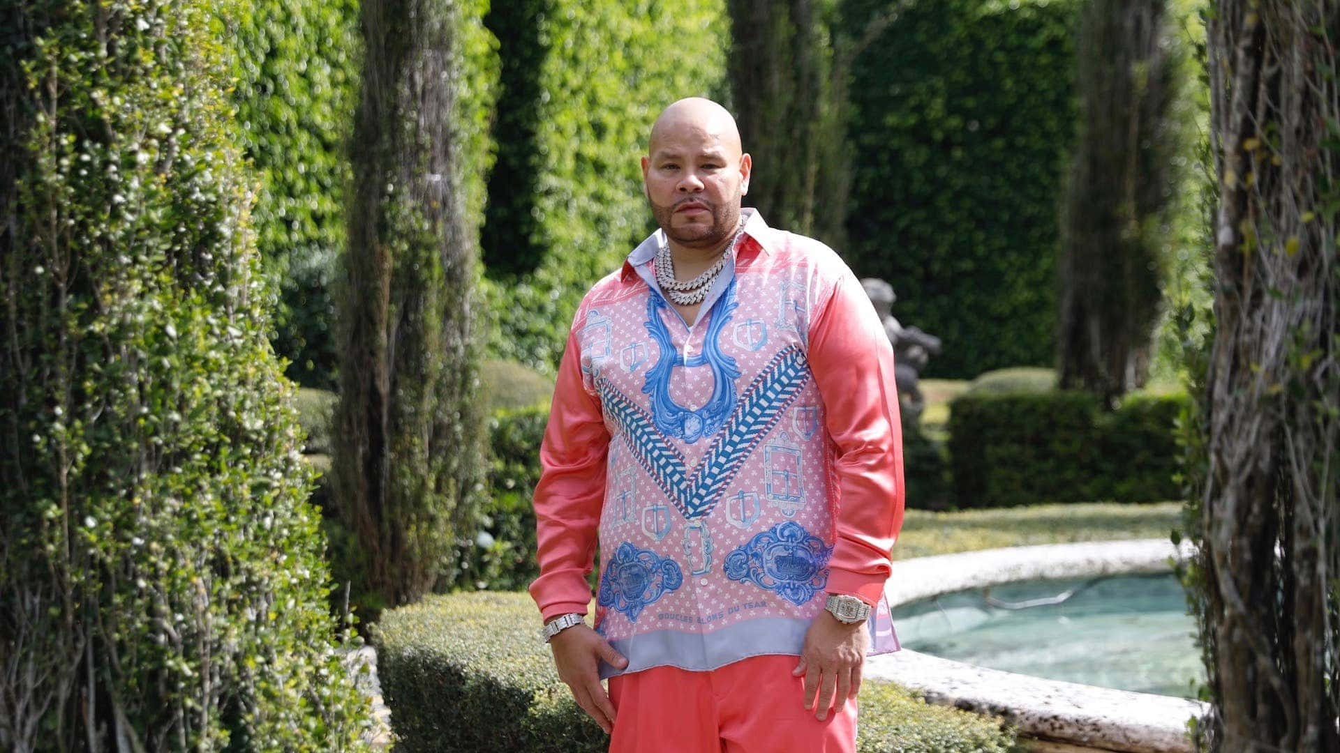 Fat Joe, coral blue patterned shirt, lush green garden, Full HD Desktop Wallpaper