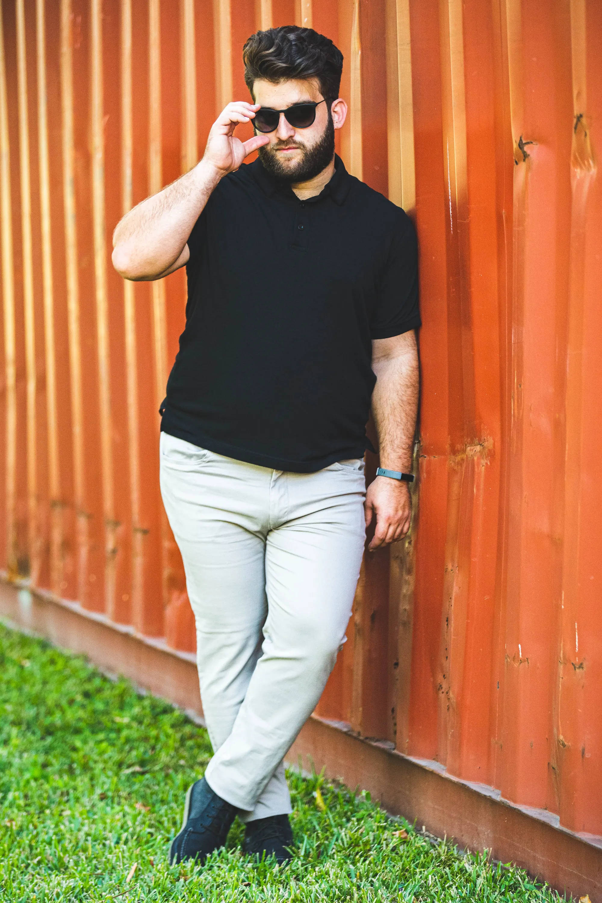 sunglasses, black polo, beige pants, 2K Phone Wallpaper