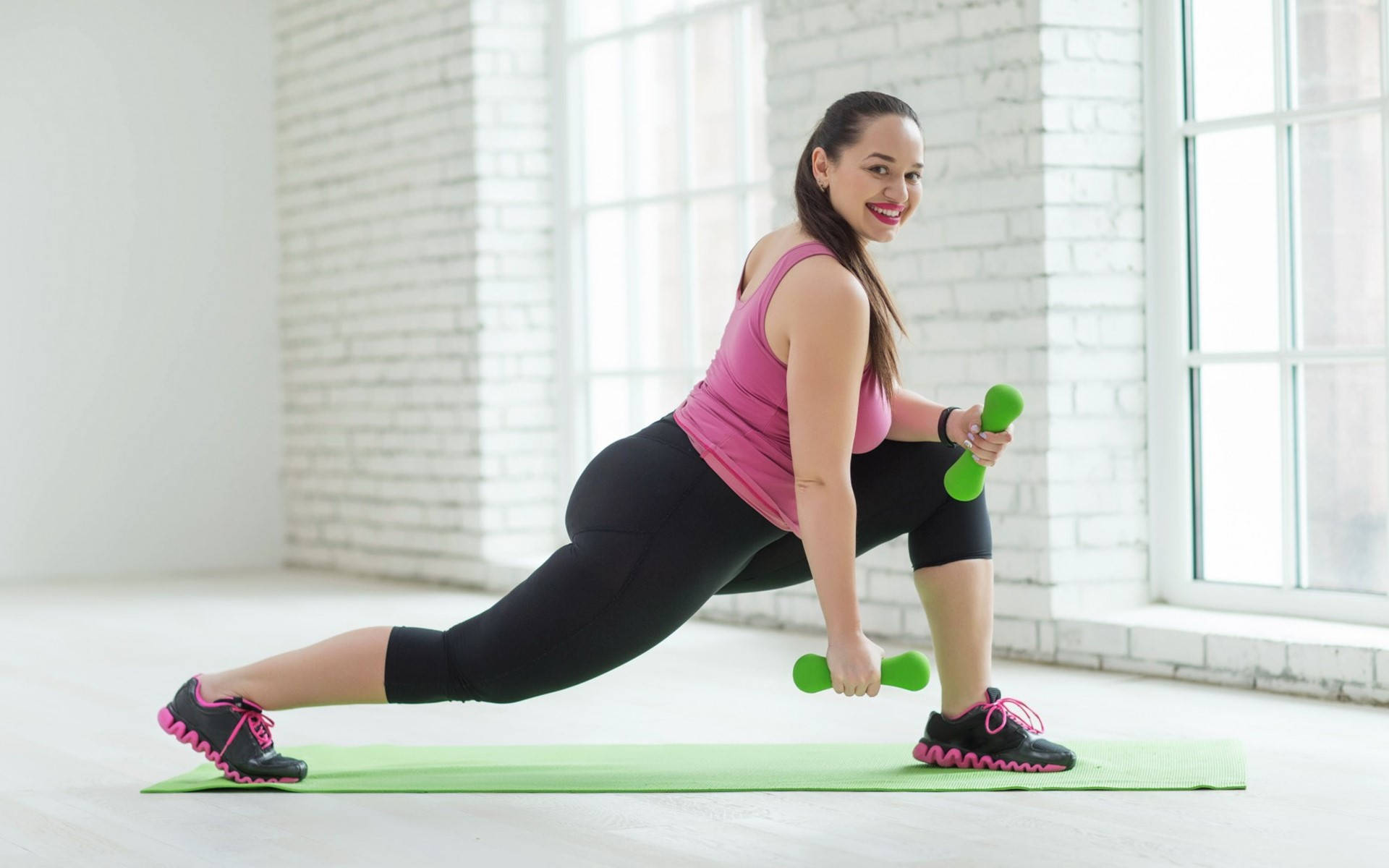 pink top, black leggings, green dumbbells, Full HD Desktop Wallpaper
