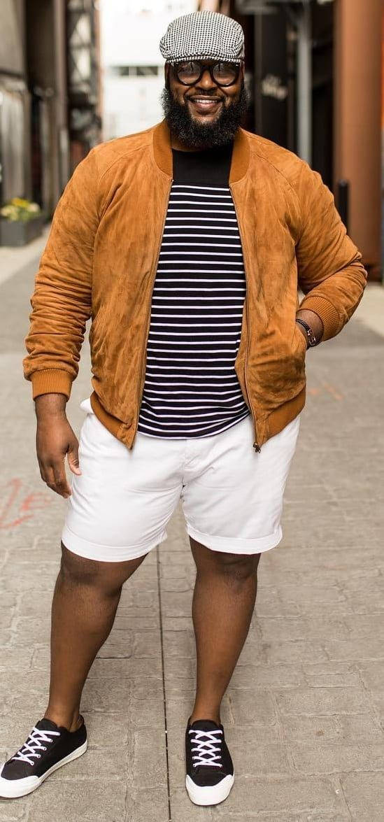 brown suede jacket, striped shirt, white shorts, SD Phone Wallpaper