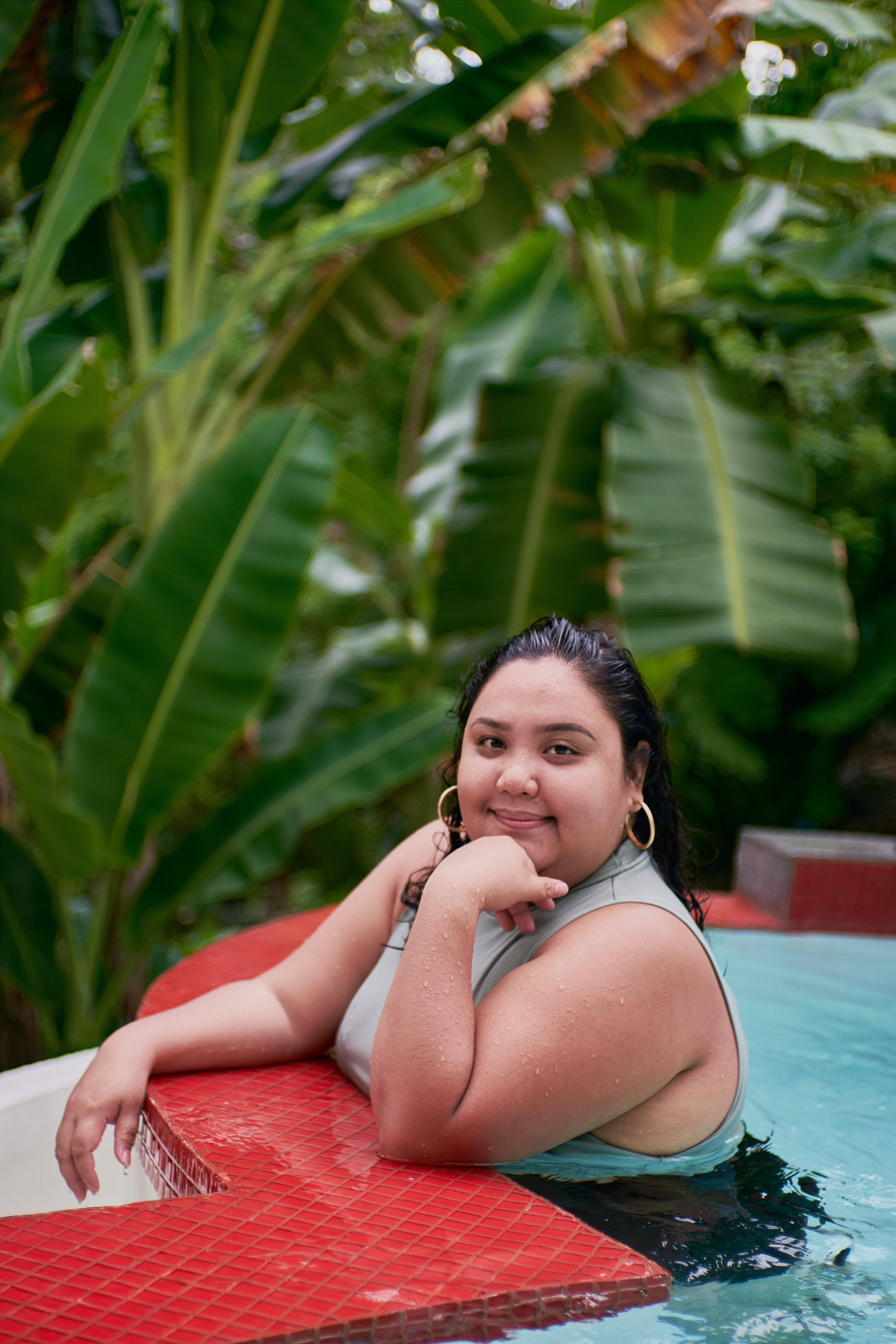 fat woman, pool, red tiled pool edge, 5K Phone Wallpaper