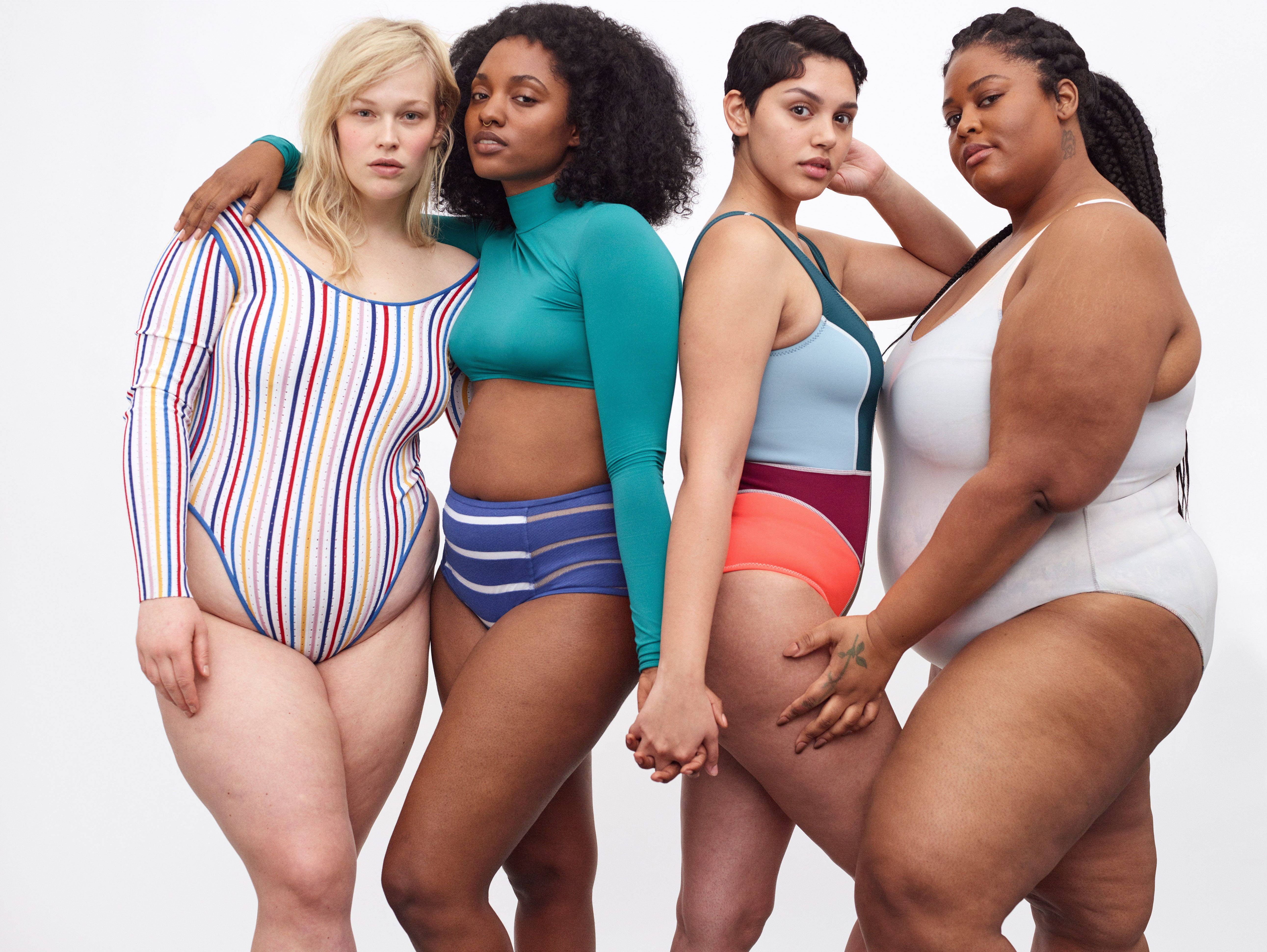 fat woman group, colorful swimwear, plain white background, 5K Desktop Wallpaper