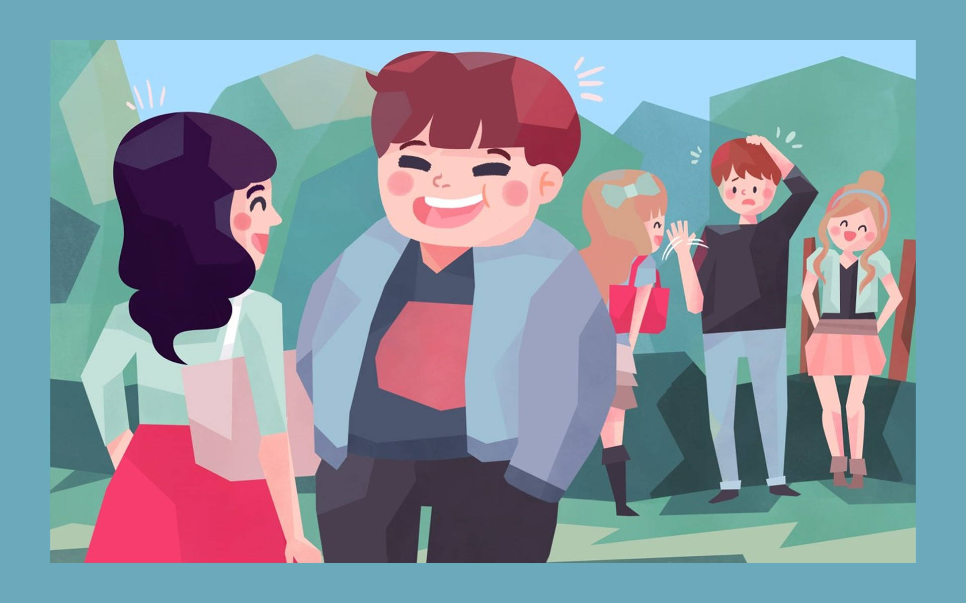 cheerful cartoon boy, girl, stylized green landscape, Full HD Desktop Wallpaper