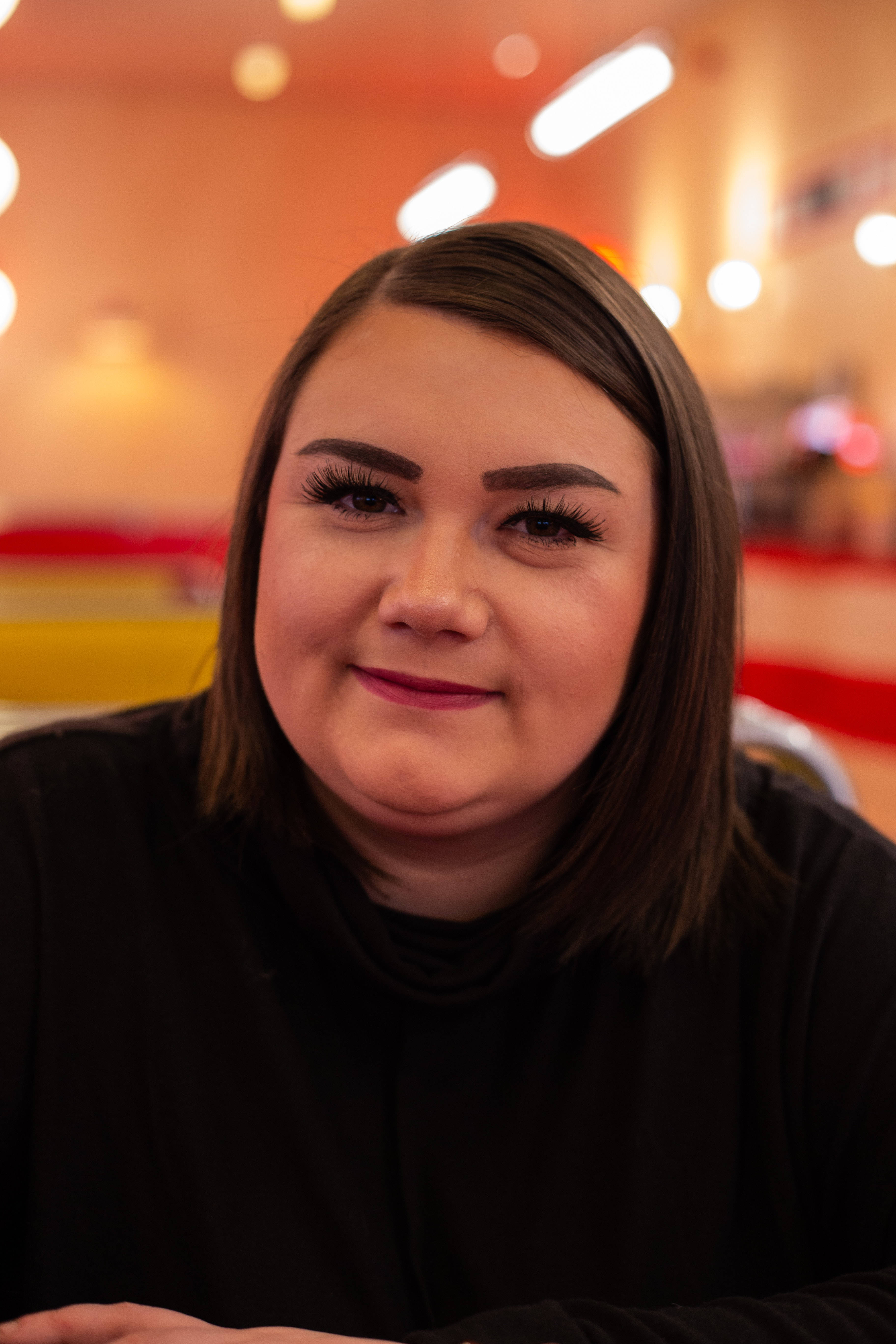 diner, dark hair, red lipstick, 5K Phone Wallpaper