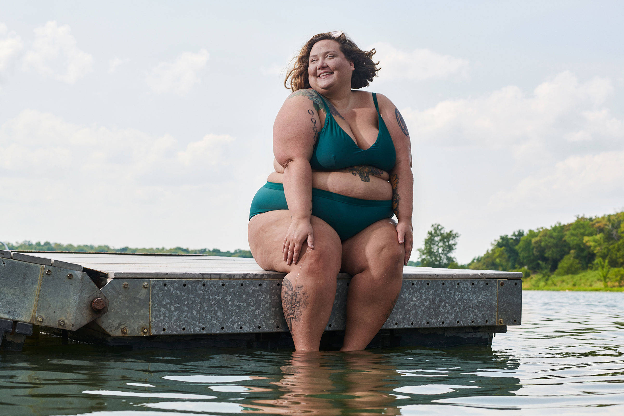 teal bikini, dock, water lapping, Full HD Desktop Wallpaper