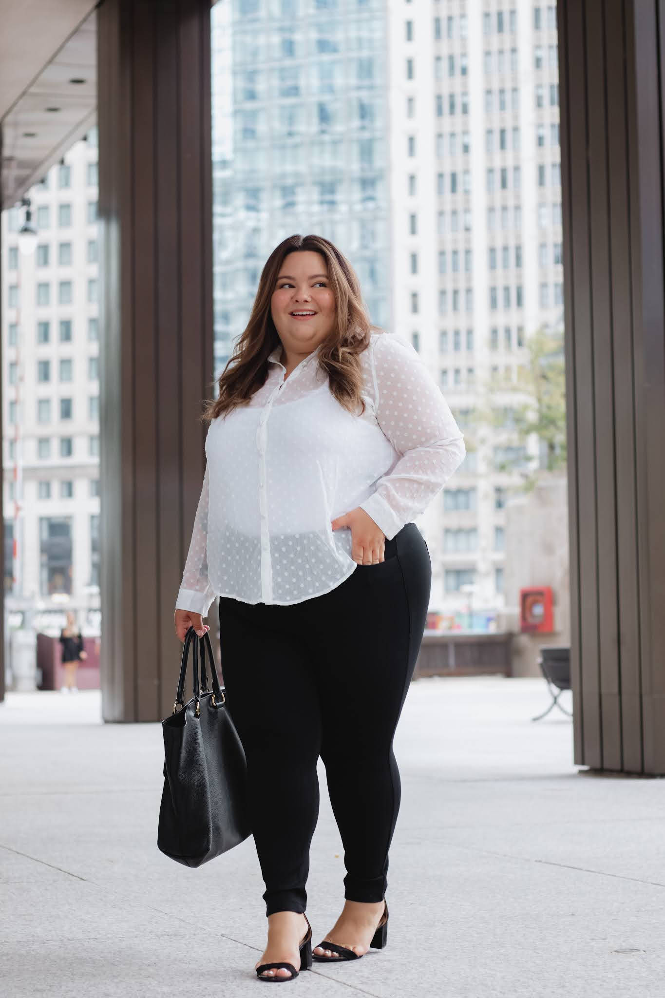 white polka-dot blouse, black pants, modern urban plaza, Full HD Phone Wallpaper