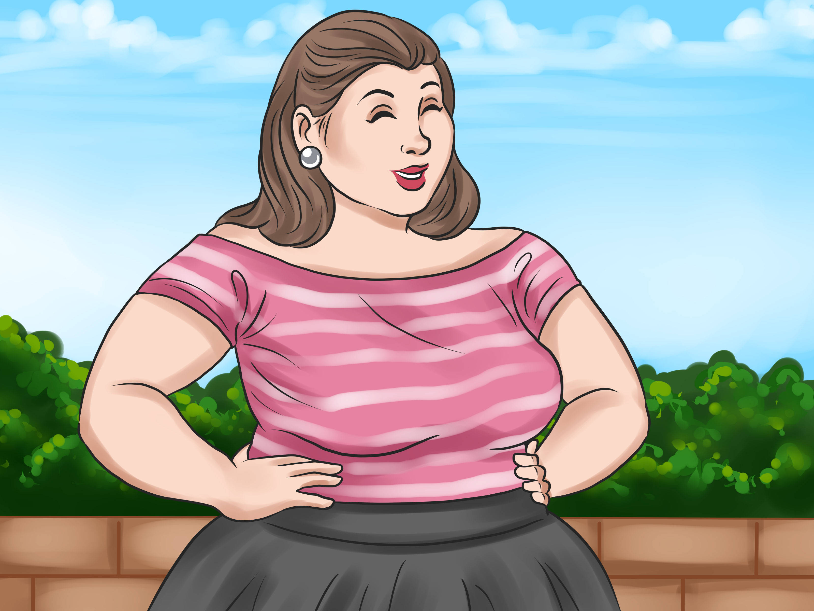 fat girl, pink striped top, bright blue sky, 2K Desktop Wallpaper