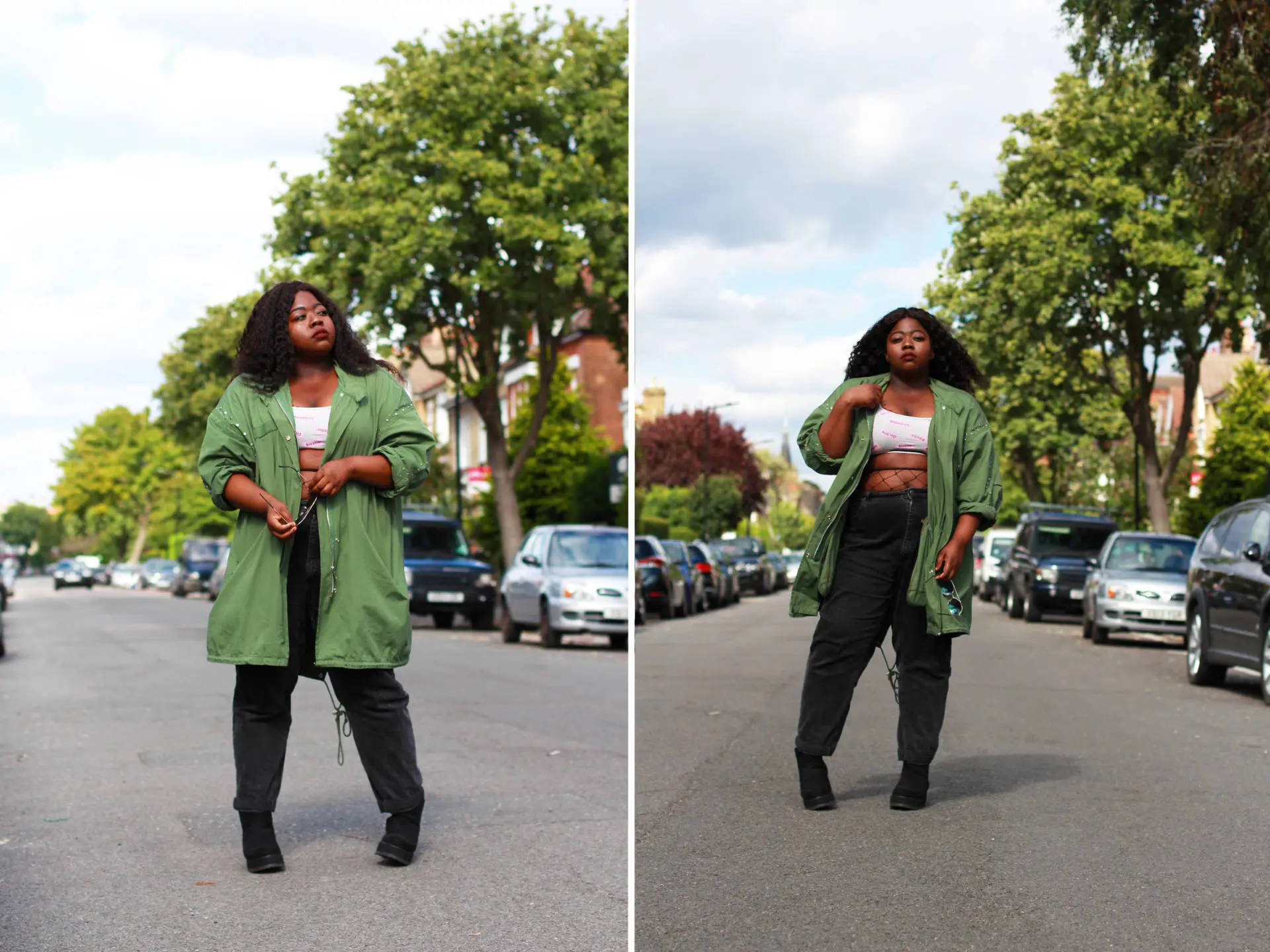 Fat Black Woman, green jacket, black pants, Full HD Desktop Wallpaper