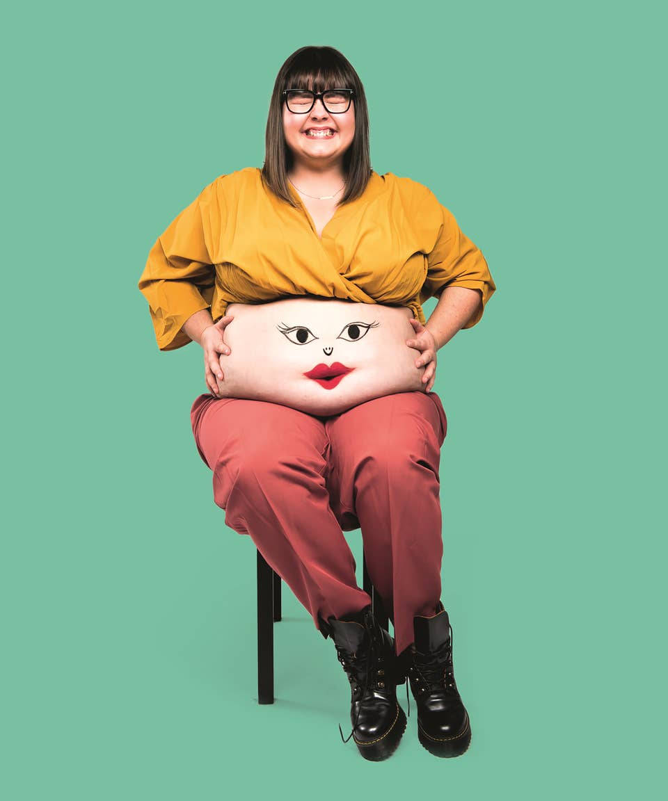mustard top, red pants, cartoon face, SD Phone Wallpaper