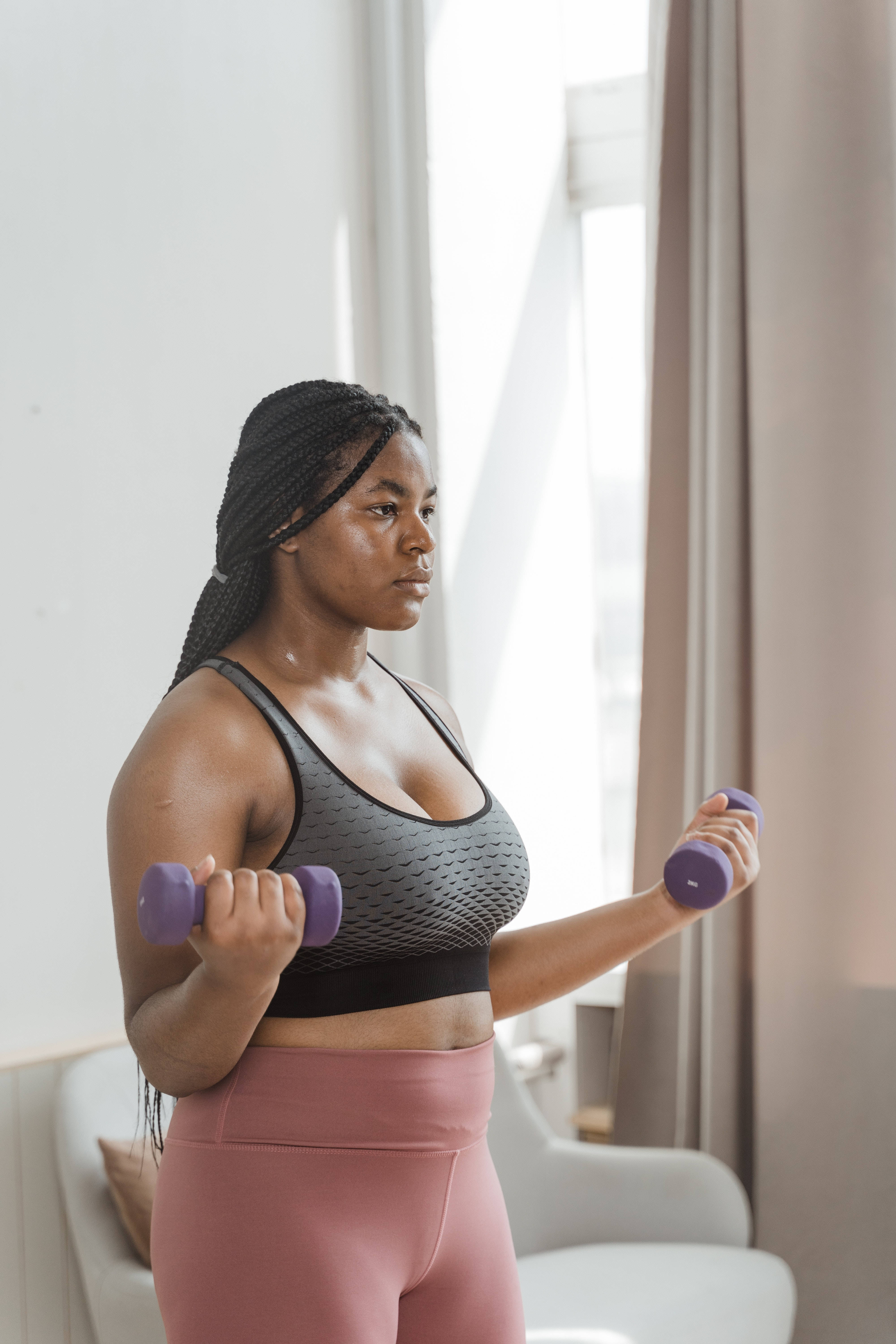 fat woman, lifting weights, purple dumbbells, 5K Phone Wallpaper
