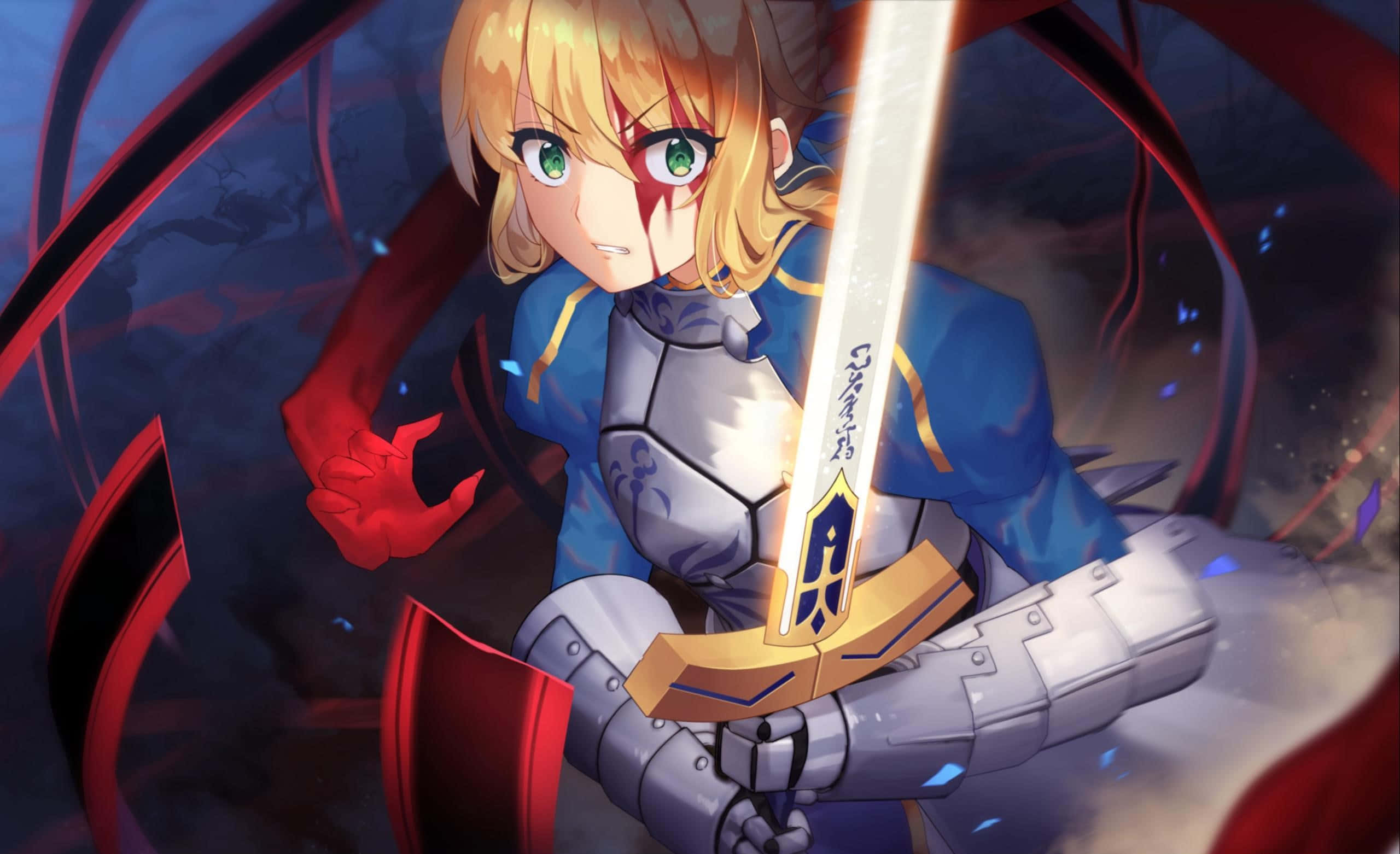 Fate Grand Order, Artoria Pendragon, glowing sword, 2K Desktop Wallpaper