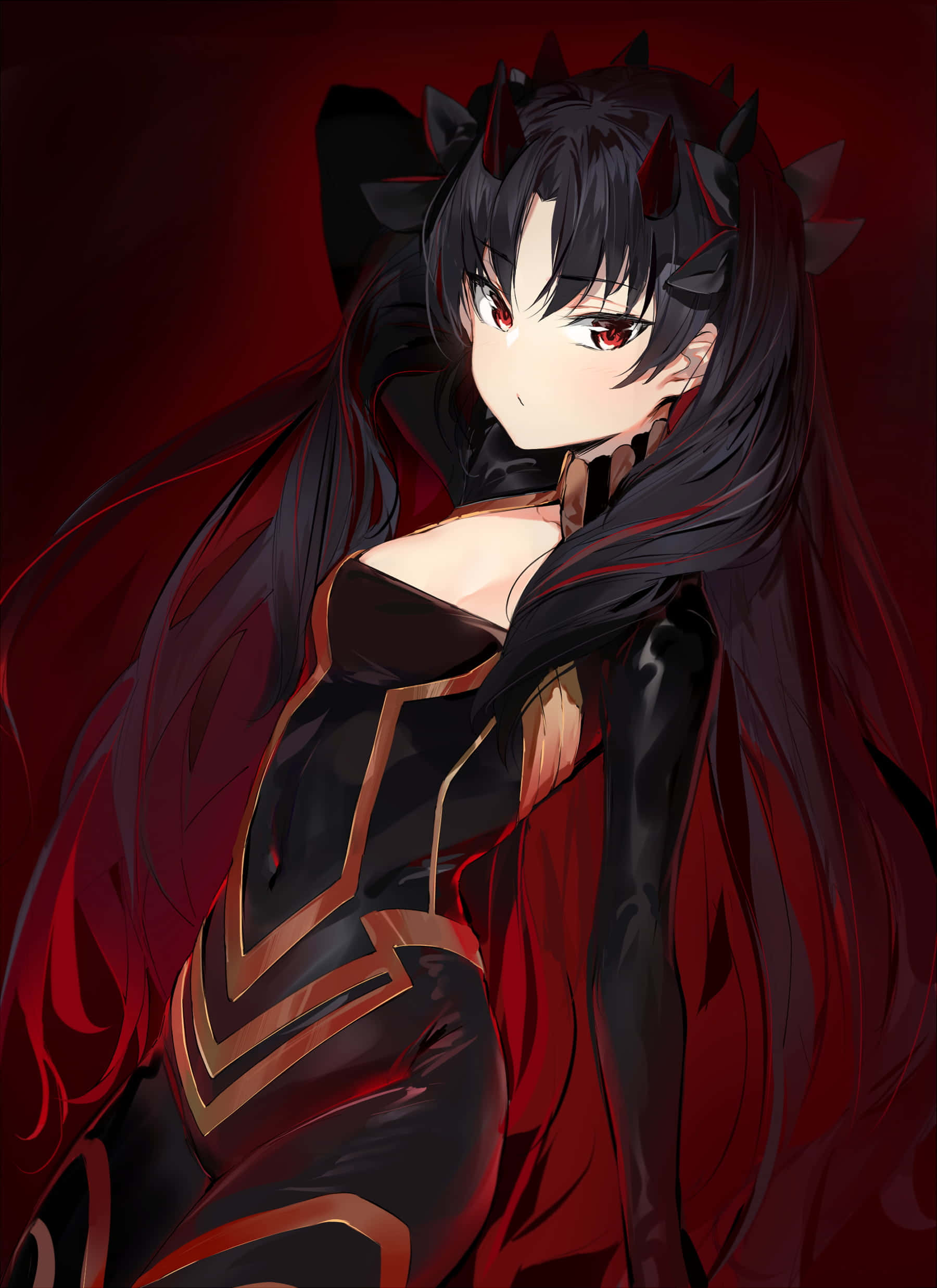 Fate Grand Order Ishtar, dark-haired anime girl, red eyes, Full HD Phone Wallpaper