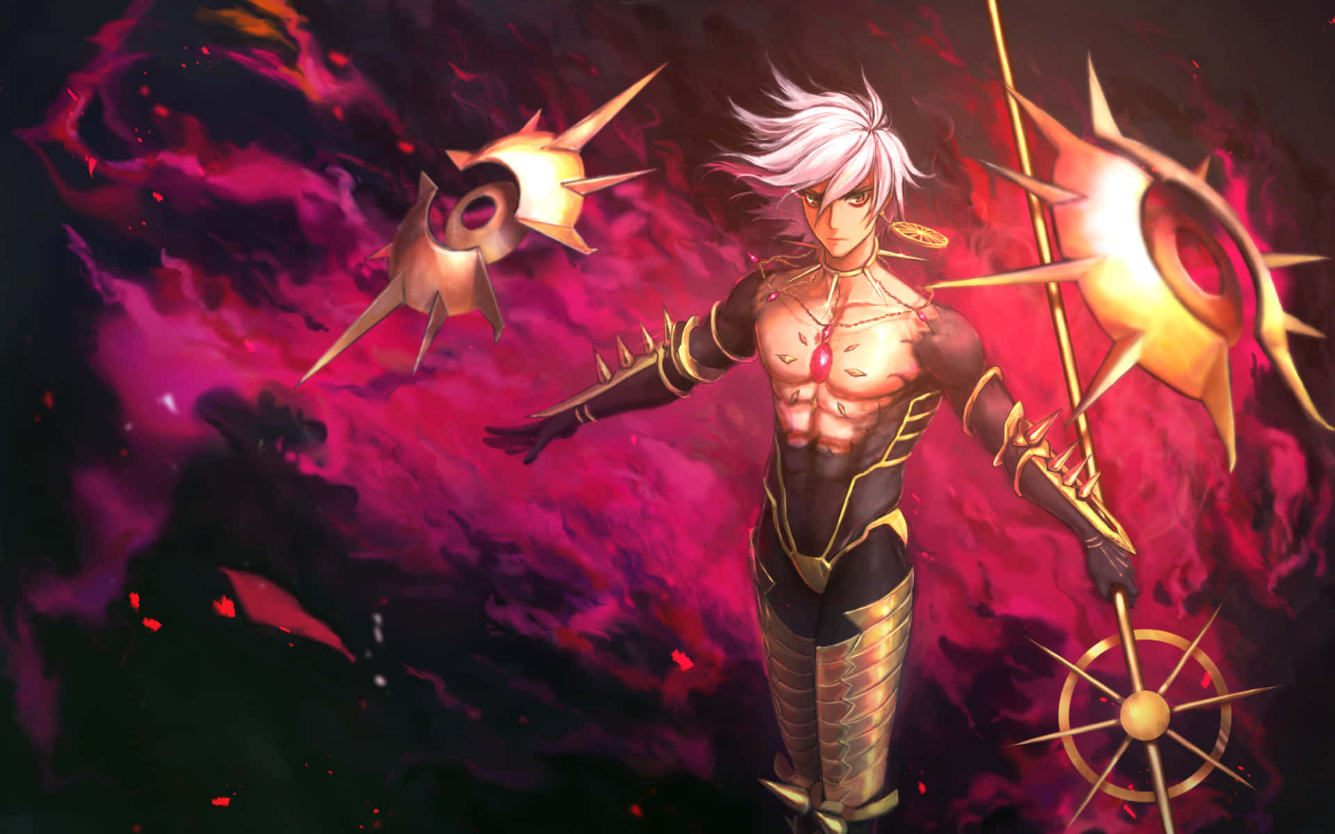 Fate Grand Order Karna, white-haired anime warrior, black and gold armor, Full HD Desktop Wallpaper