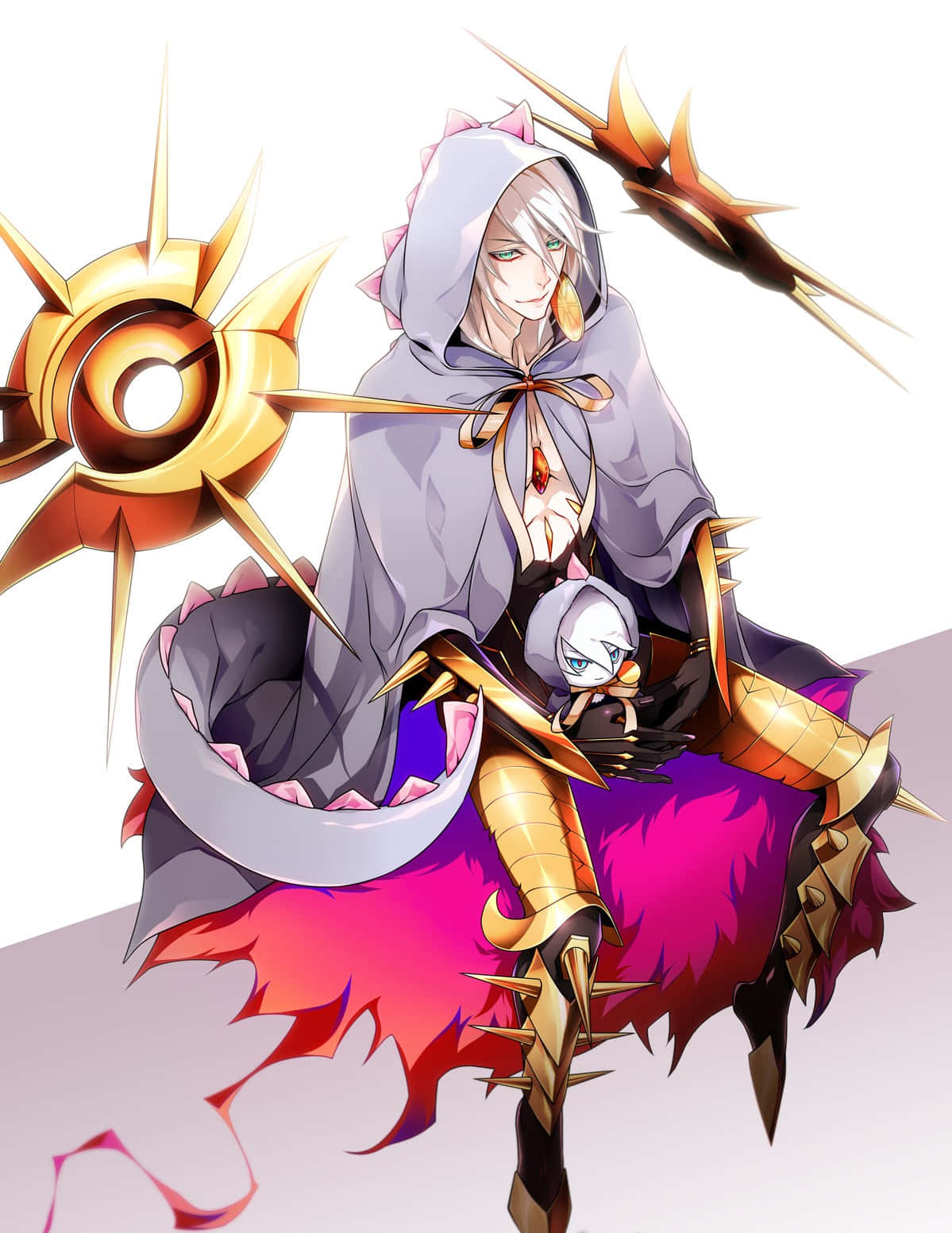 Fate Grand Order Karna, grey hooded cloak, golden spiked weapon, HD Phone Wallpaper