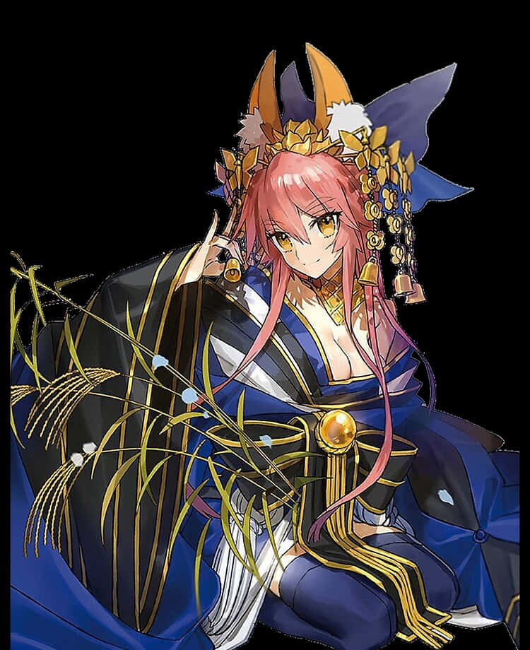 Fate Grand Order Tamamo No Mae, pink-haired anime girl, ornate blue and gold traditional attire, SD Phone Wallpaper