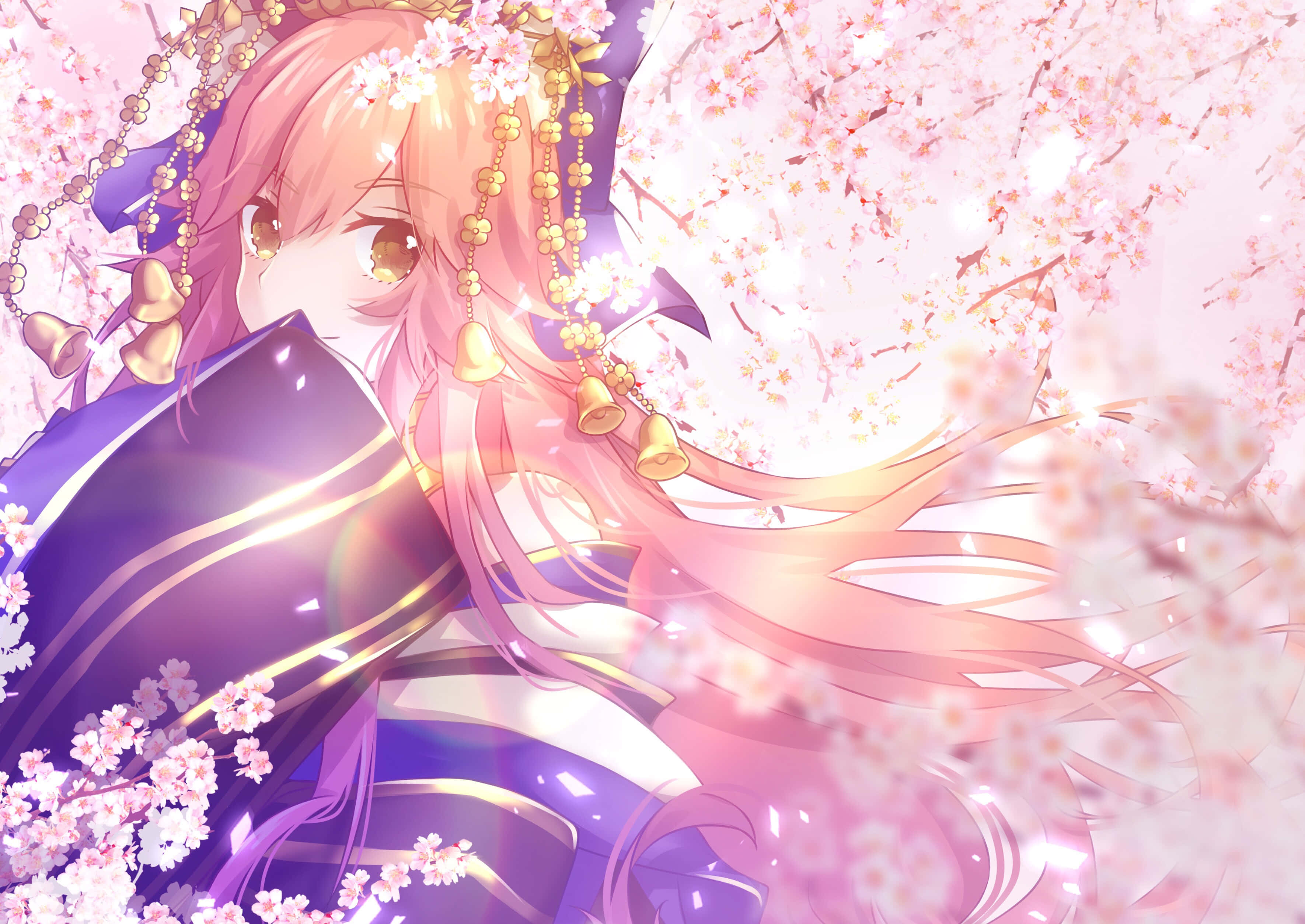 Tamamo No Mae, pink hair, golden bells, 2K Desktop Wallpaper