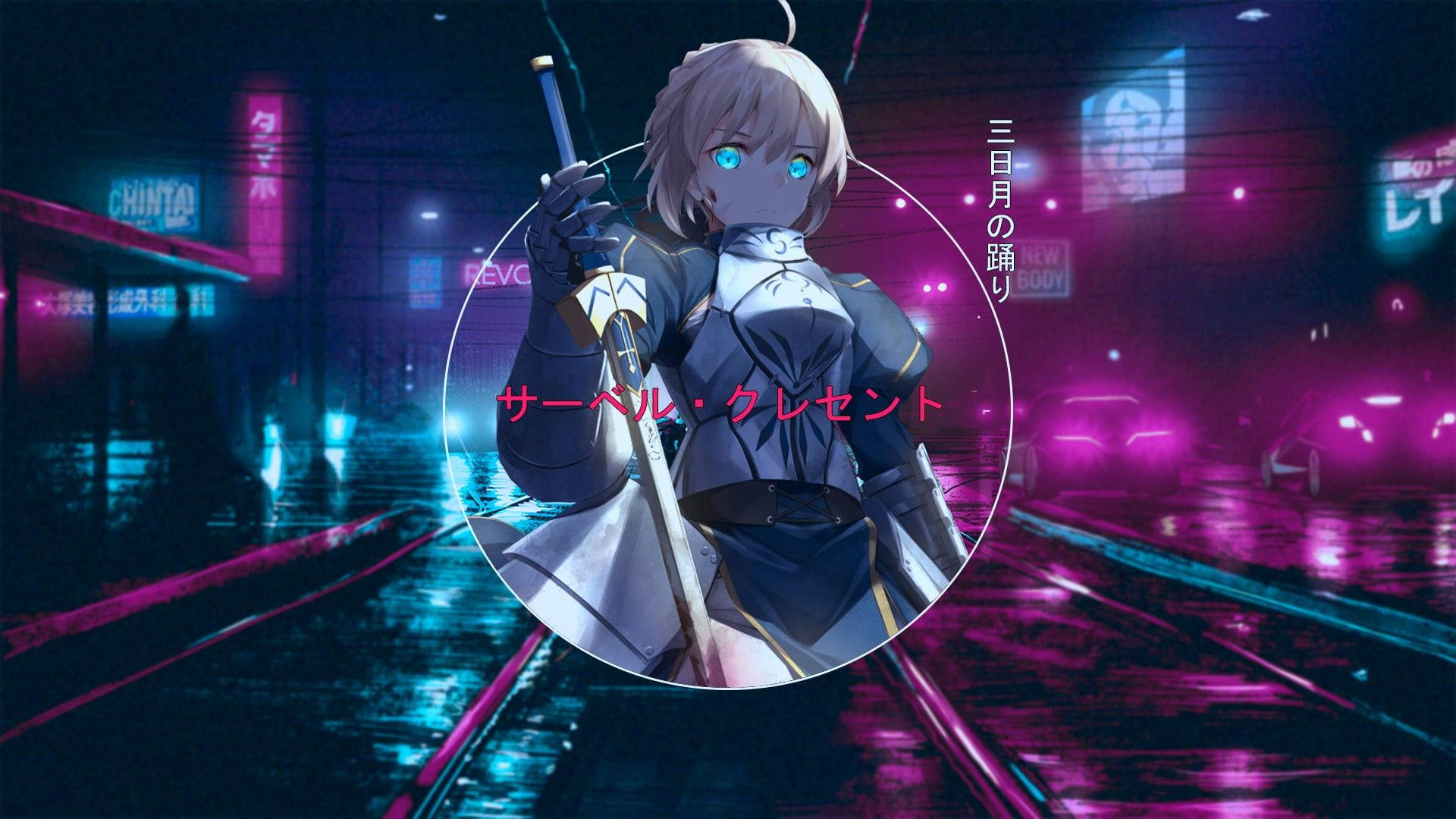 Fate Series, cyberpunk anime girl, glowing blue eyes, Full HD Desktop Wallpaper