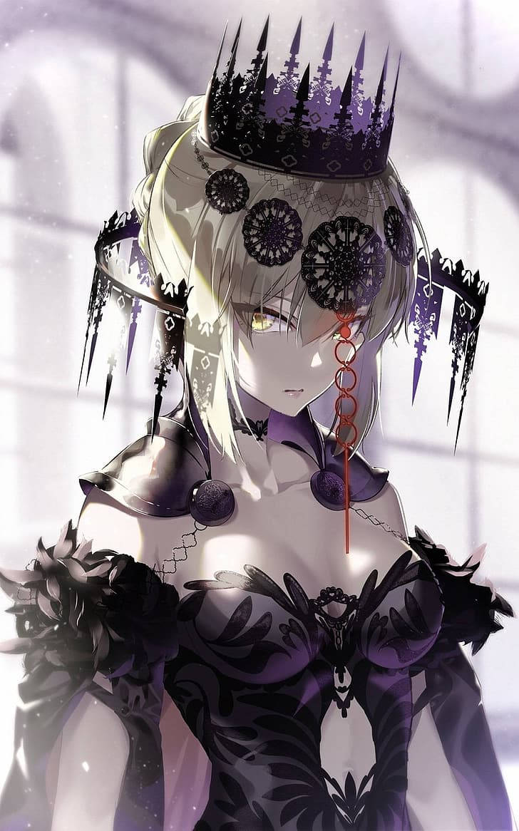 Fate Series, silver hair, spiked purple crown, SD Phone Wallpaper