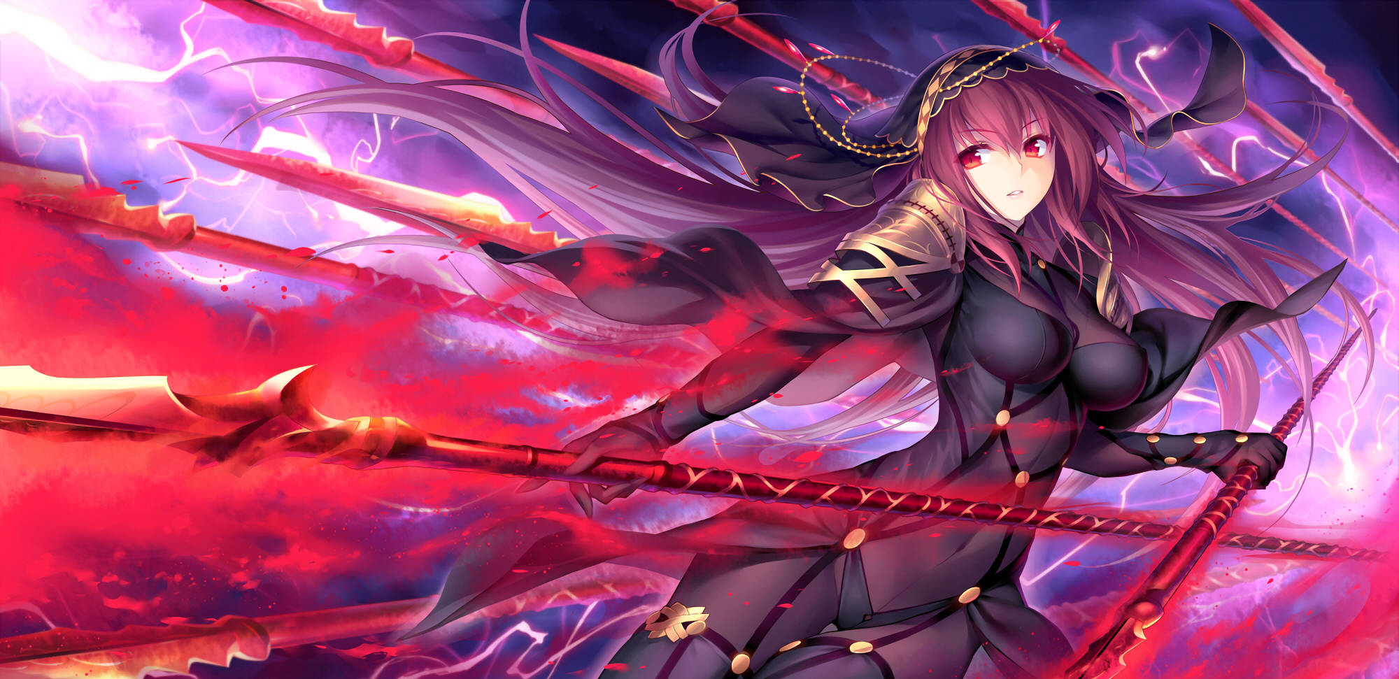 Fate Series, long purple hair, glowing red spears, Full HD Desktop Wallpaper