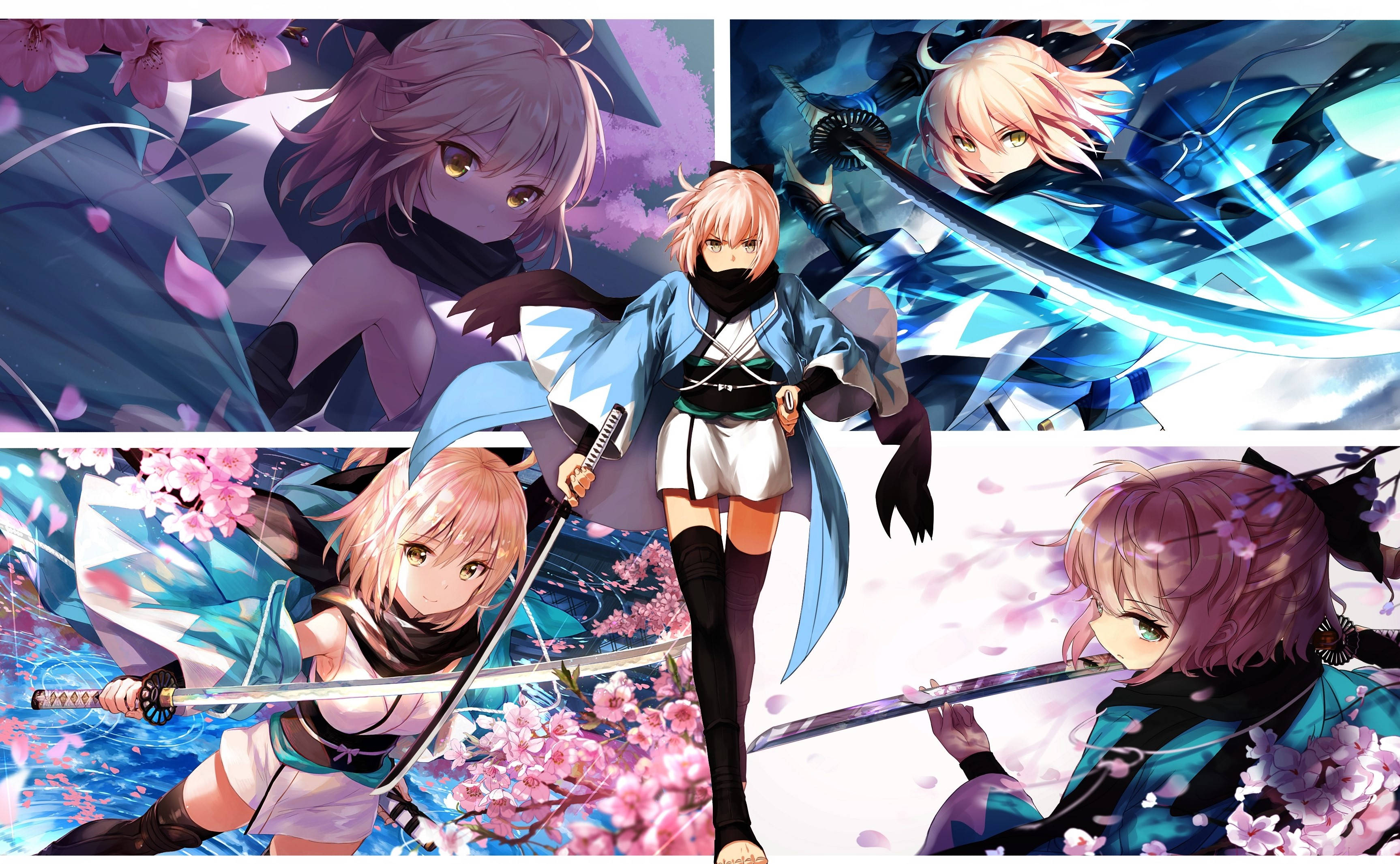 Fate Series, anime girls with swords, vibrant cherry blossoms, 2K Desktop Wallpaper