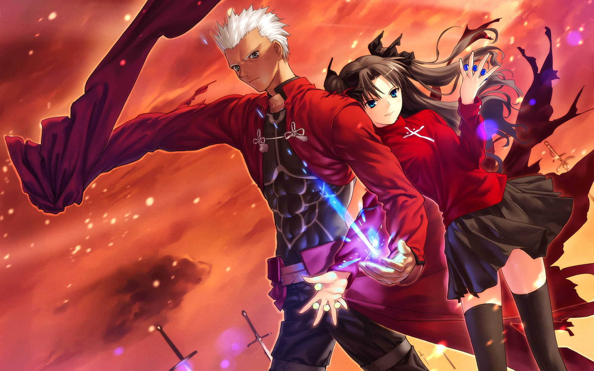 Fate Series, red outfits, glowing blue magic, Full HD Desktop Wallpaper