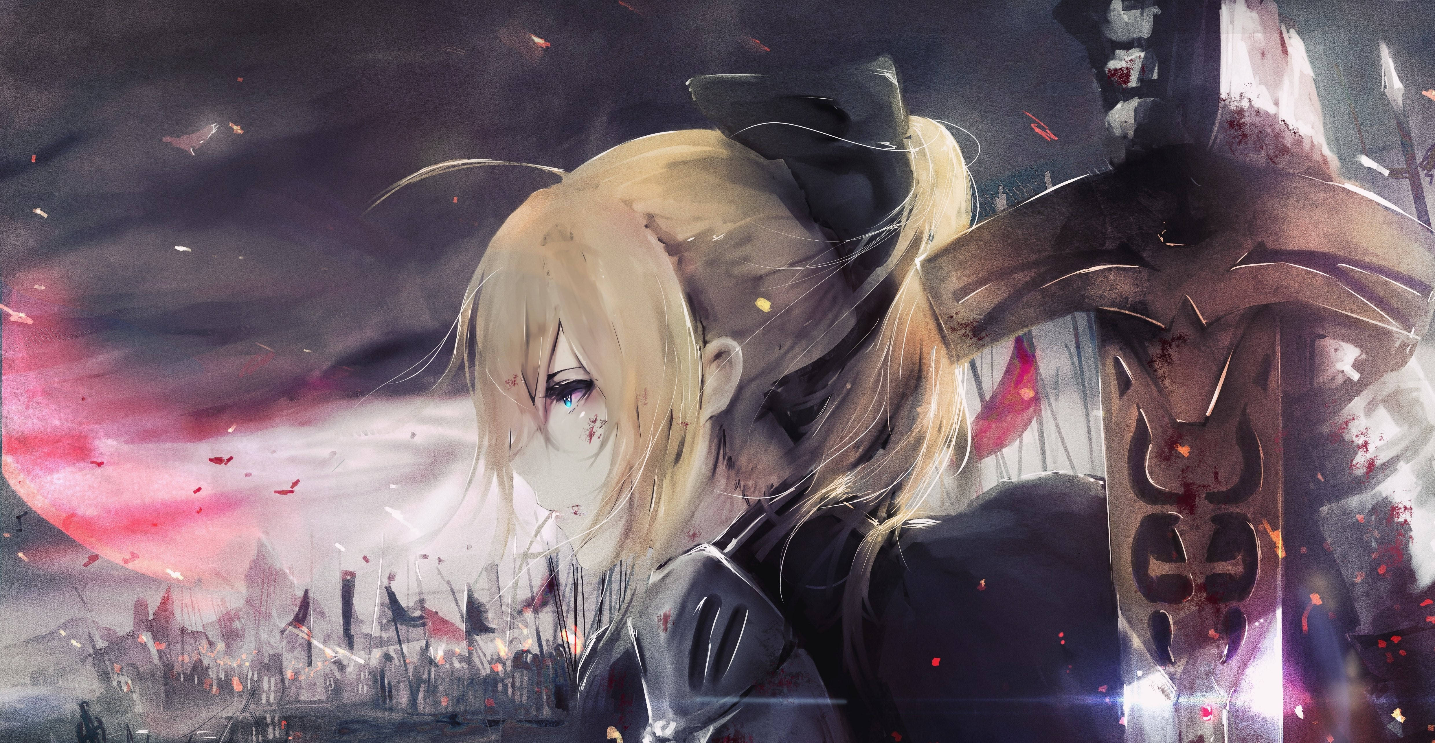 Fate Series, blonde anime warrior, bloodied sword, 4K Desktop Wallpaper