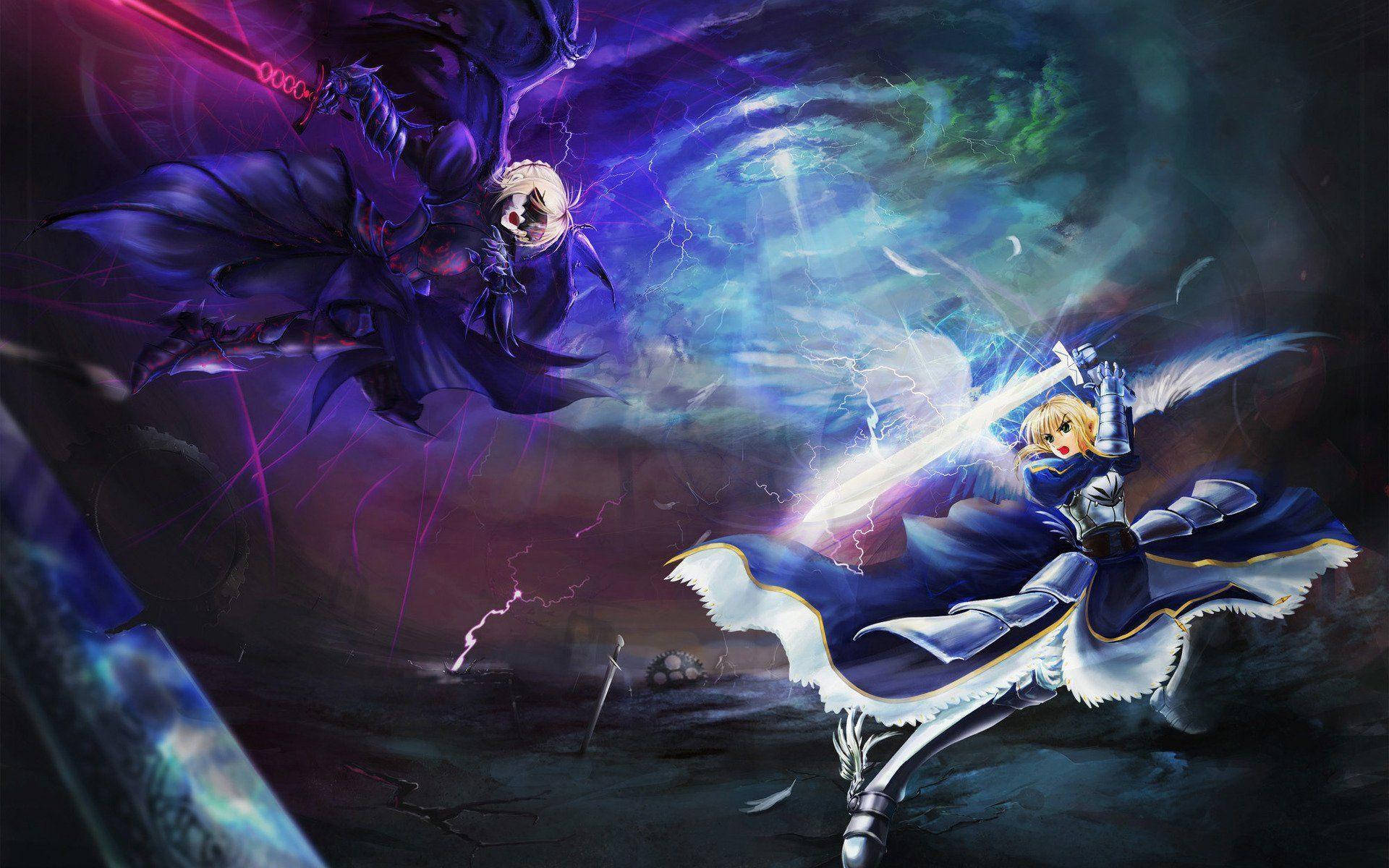 Fate Series, blonde knight in blue armor, dark purple-winged figure, Full HD Desktop Wallpaper