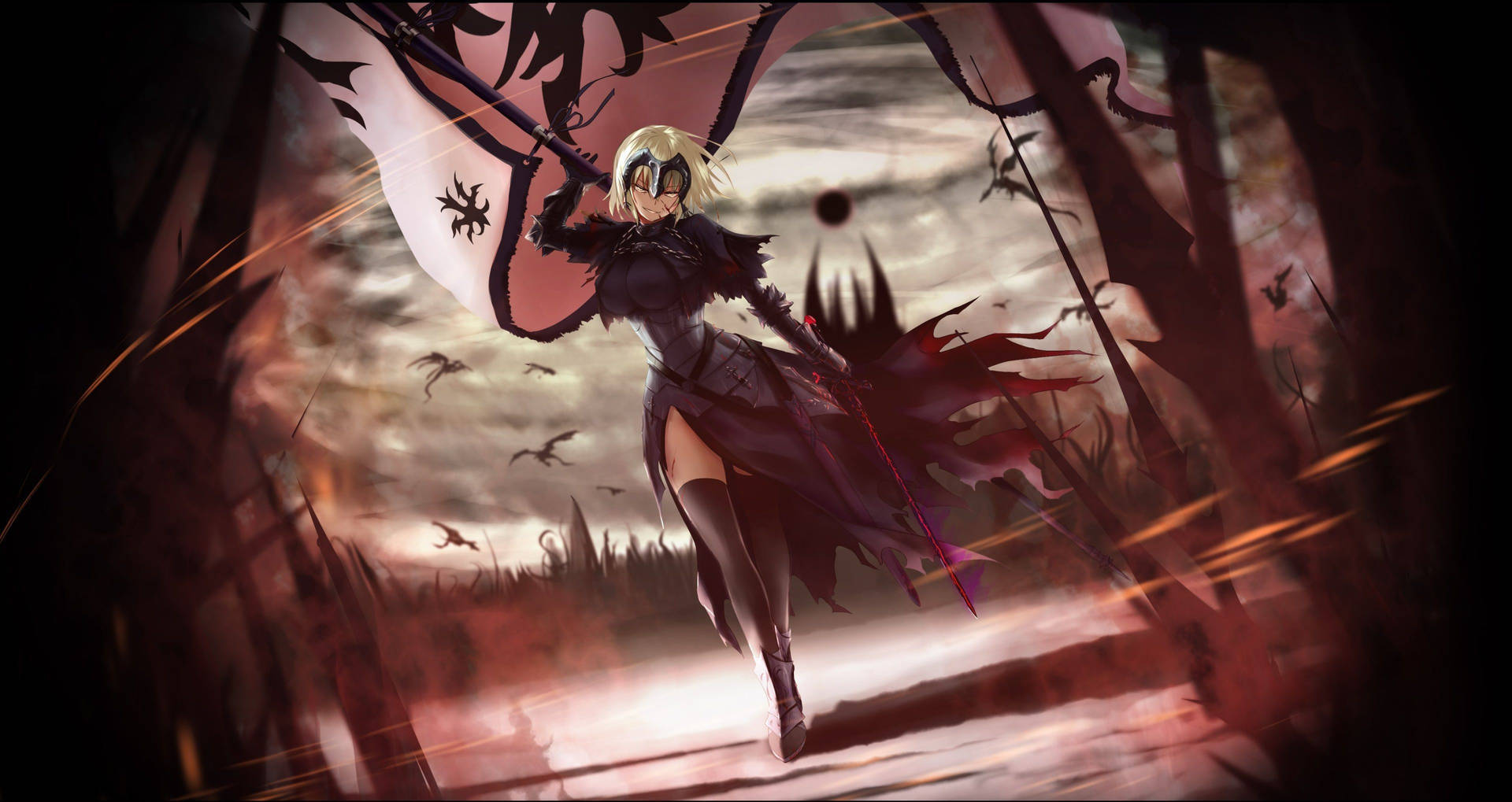 Fate Series, blonde anime warrior, dark armor, Full HD Desktop Wallpaper
