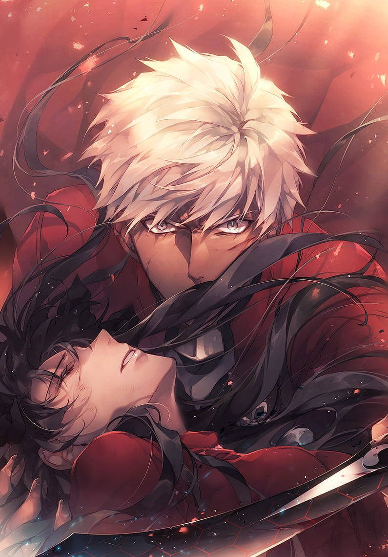 Fate Series, white-haired man, red, SD Phone Wallpaper