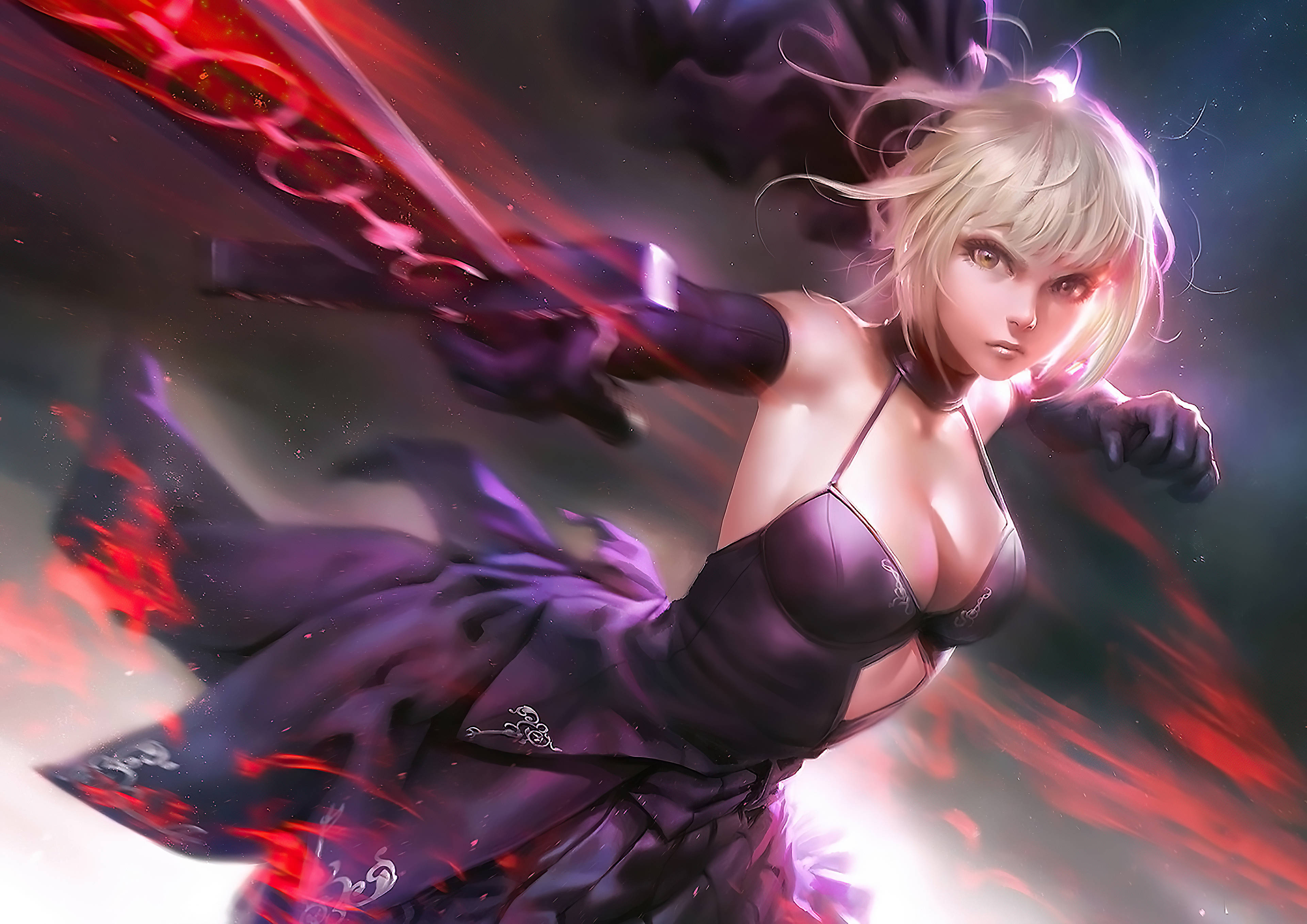 Fate Series, blonde anime warrior, dark dress, 4K Desktop Wallpaper