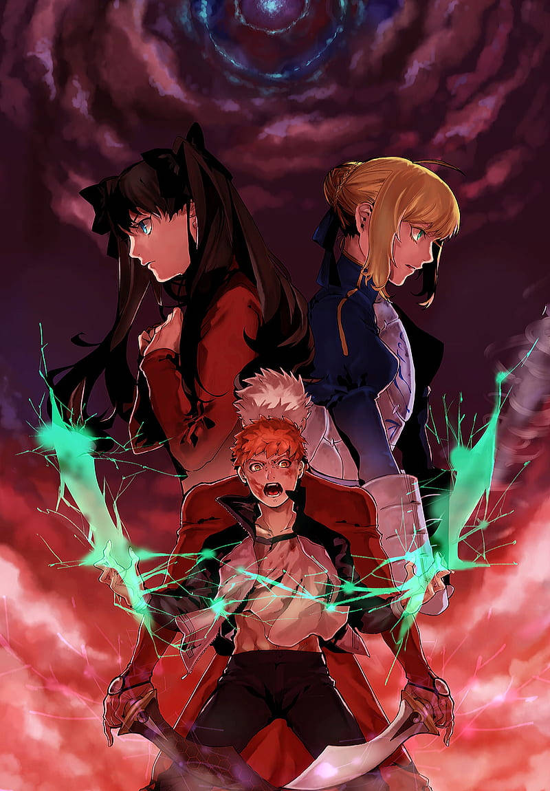 Fate Series, anime characters, cosmic sky, SD Phone Wallpaper