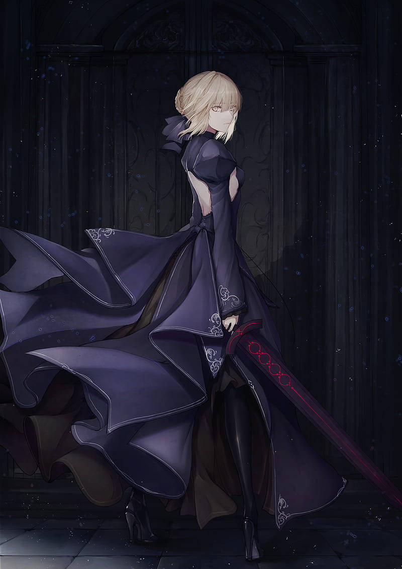 Fate Series, blonde anime girl, dark purple cloak, SD Phone Wallpaper