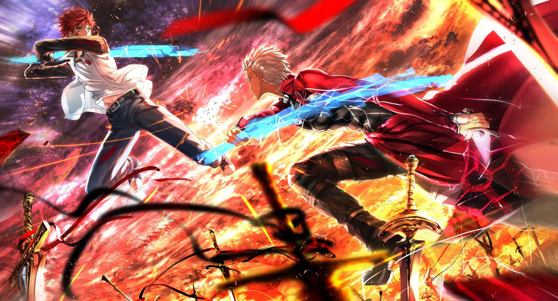Fate Series, anime warriors, glowing swords, HD Desktop Wallpaper