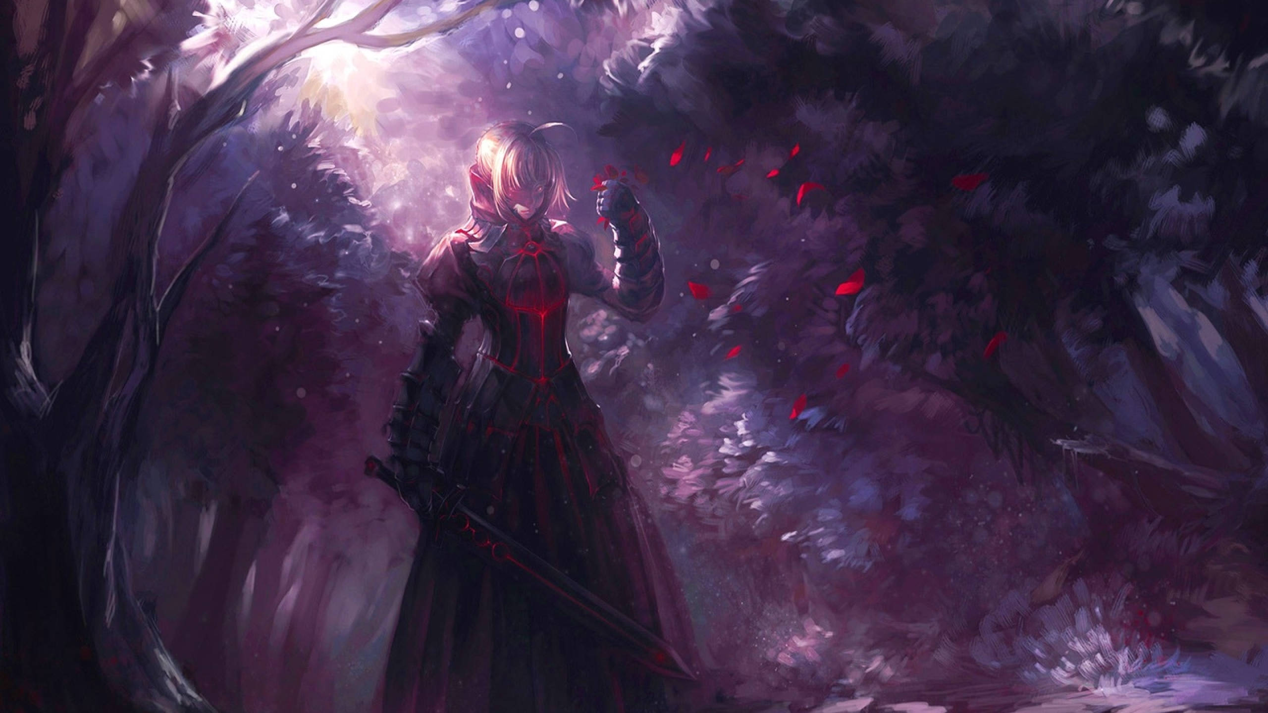 Fate Zero, dark red dress, mystical purple forest, 2K Desktop Wallpaper
