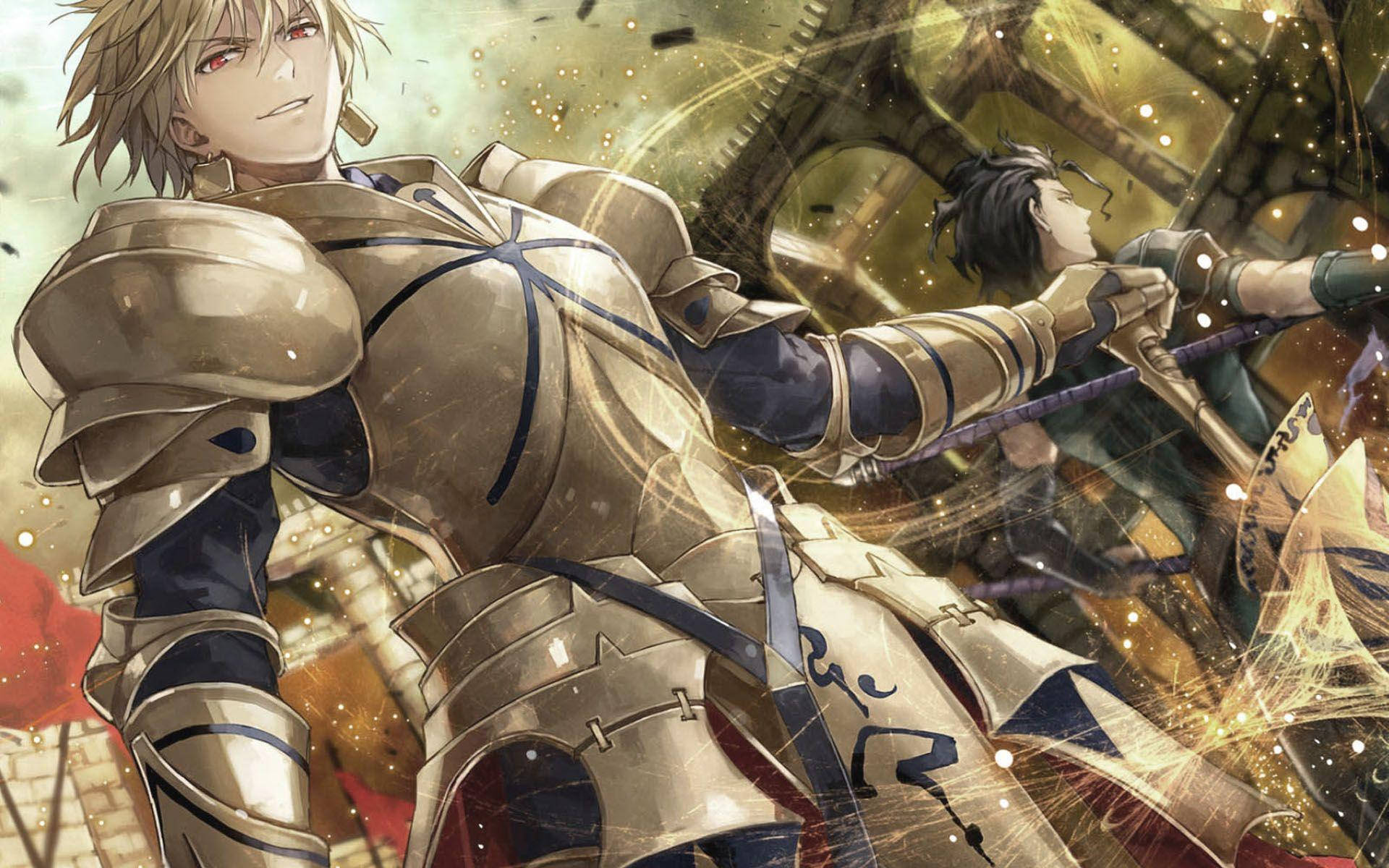 Fate/Zero, golden-armored anime knight, glowing magical energy, Full HD Desktop Wallpaper