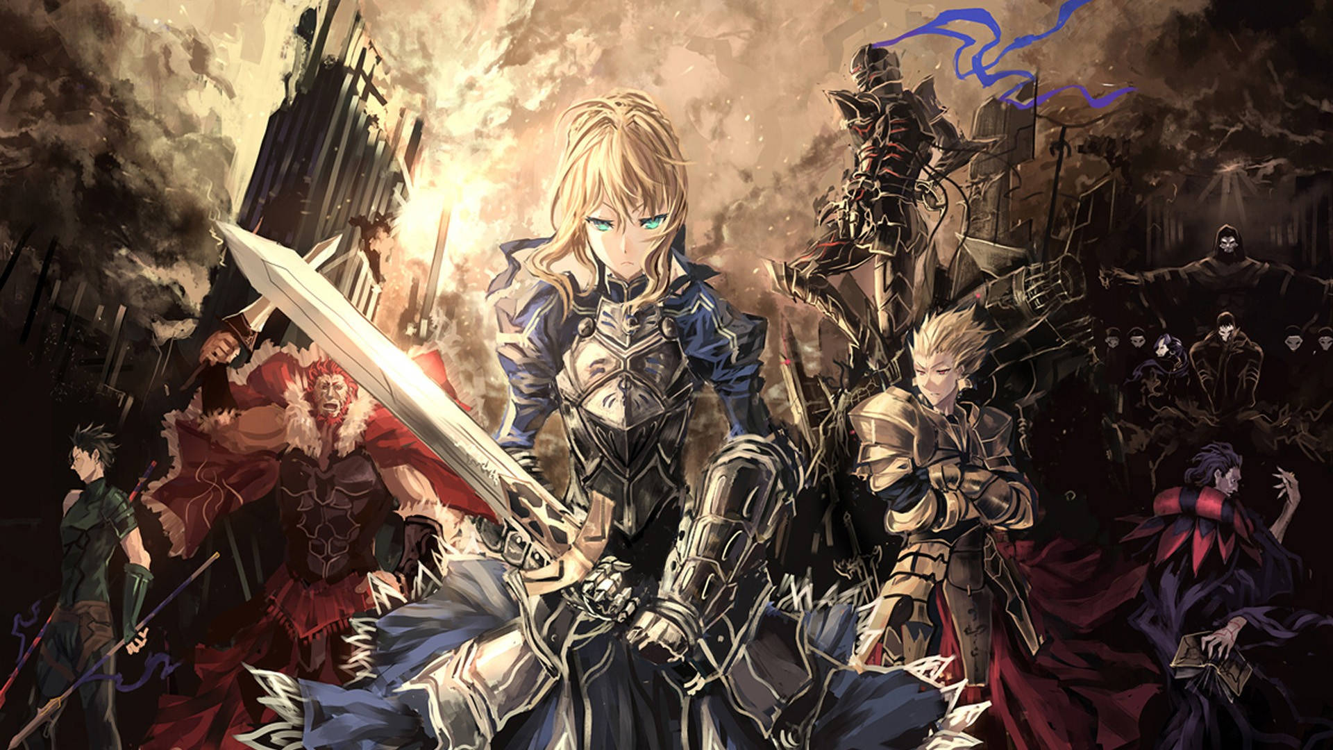 Fate Zero, blonde armored warrior, glowing sword, Full HD Desktop Wallpaper