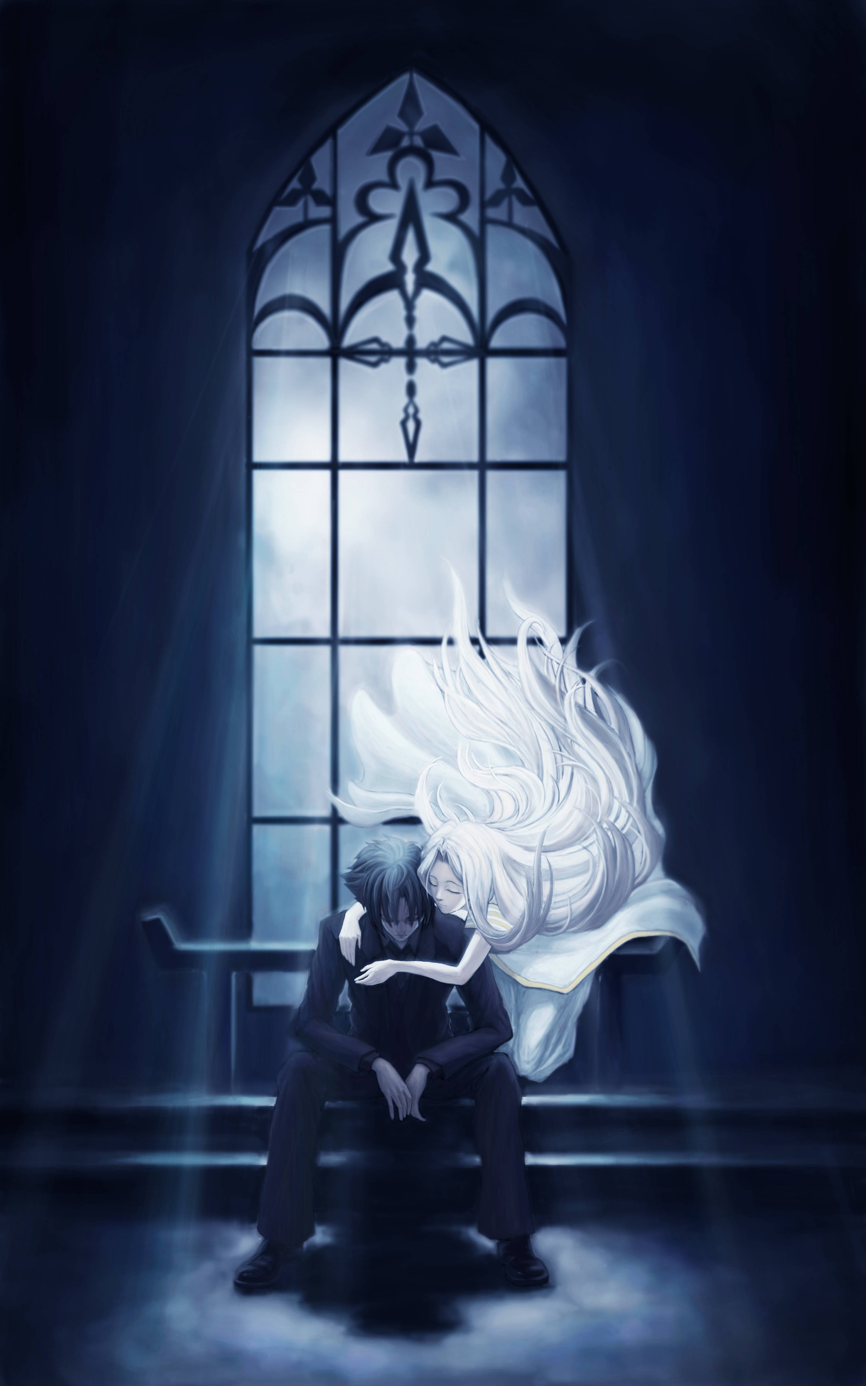 Fate Zero, white-haired figure, dark-haired man, 4K Phone Wallpaper